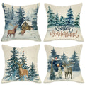 Fahrendom Blue Winter Wonderland Reindeer Snow Decorative Pillow Cover 18 X 18 Set Of 4, Deer Snowflakes Snowman Christmas Decor
