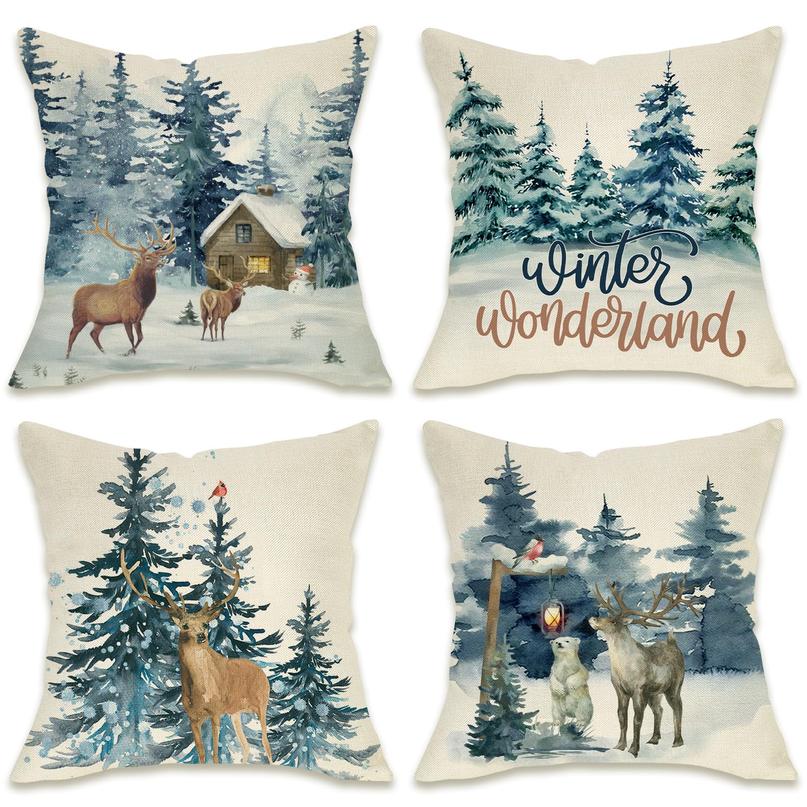 Fahrendom Blue Winter Wonderland Reindeer Snow Decorative Pillow Cover 18 X 18 Set Of 4, Deer Snowflakes Snowman Christmas Decor