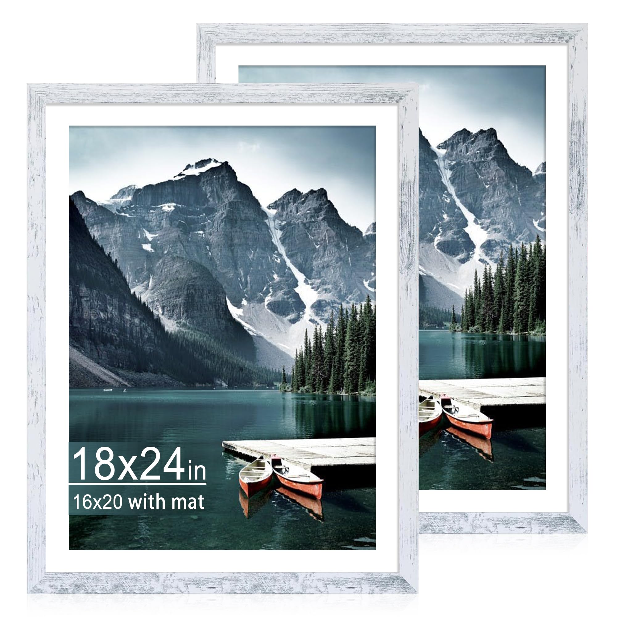 iRahmen 18x24 Frame Set of 2, Distressed White Wood Frame, Display 16x20 Picture with Mat or 18 x 24 Poster without Mat - Horizo