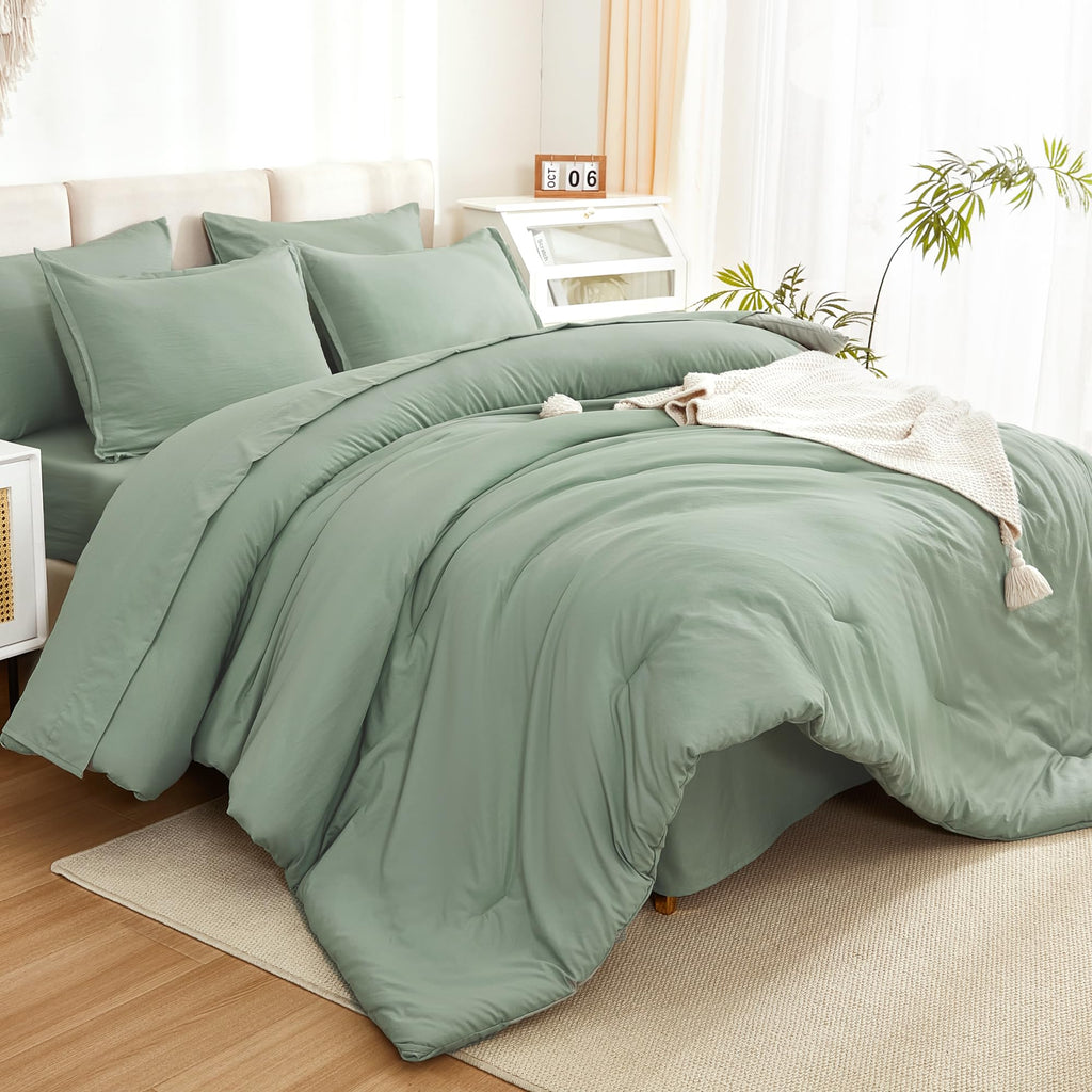 Litanika Comforter Queen Size Set Sage Green - 7 Pieces Bed In A Bag Queen Beddding Comforter Sets, Plain Lightweight Bed Set Wi