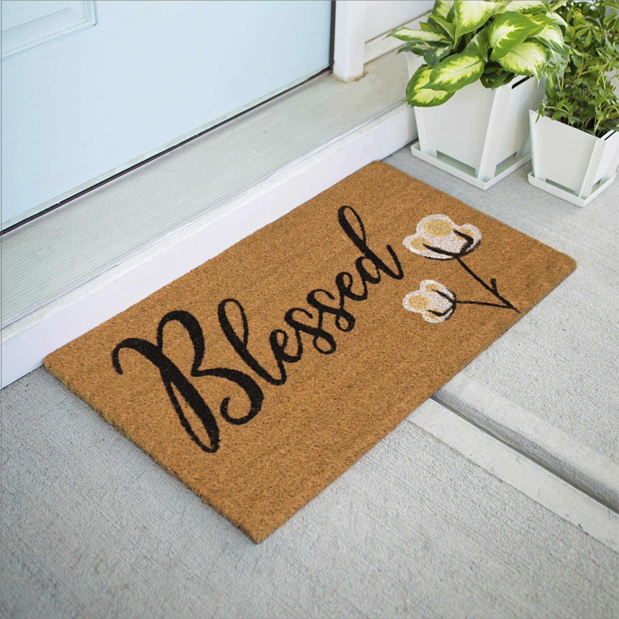 Avera Products | Blessed Cotton Bloom, Natural Coir Fiber Doormat, Anti-Slip Pvc Mat Back | 29    X 17