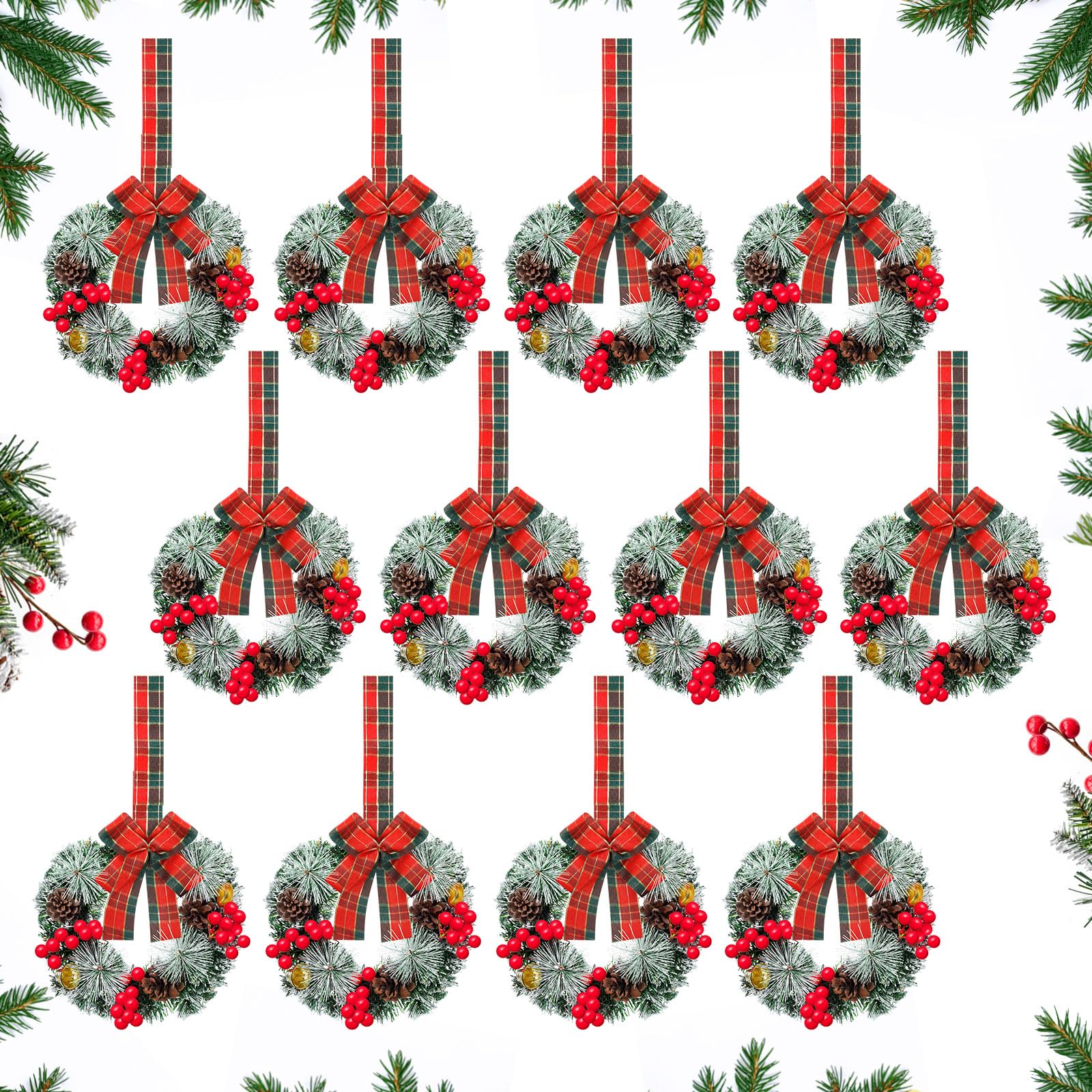 Moucuny 12 Pcs Cabinet Wreaths for Kitchen Mini Christmas Wreaths with Ribbon Small Christmas Farmhouse Wreaths Artificial Pine 
