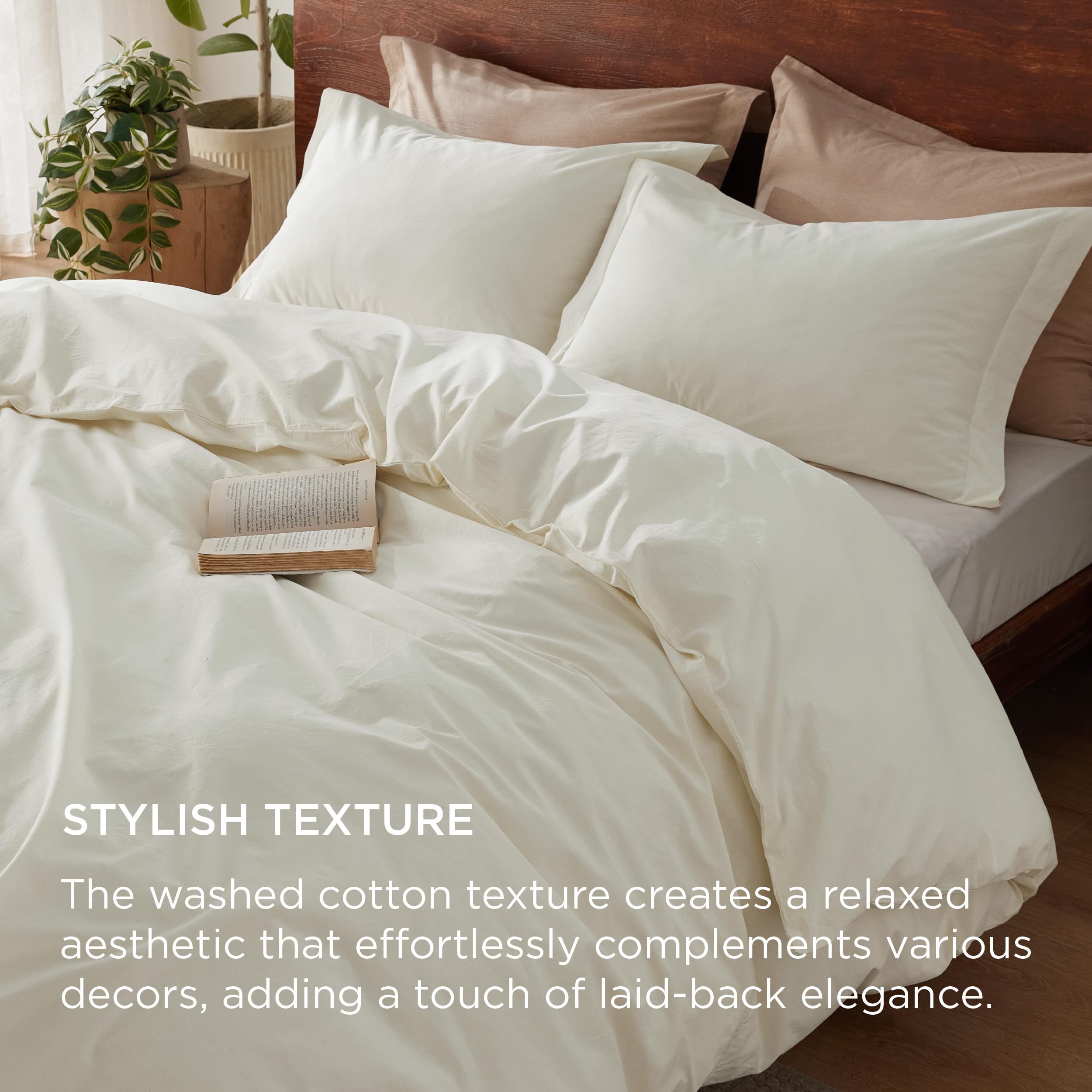 Bedsure 100% Washed Cotton Duvet Cover Twin Size - Cream Minimalist Duvet Cover For All Seasons - 2 Pieces Gentlesoft™ Plain Simple Cotton Bedding Set With 1 Pillow Sham (Cream, Twin, 68'X90')