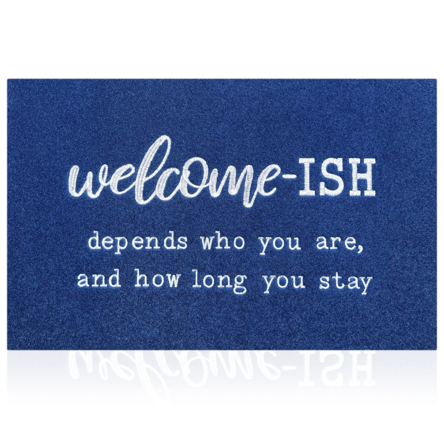 Welcome Mat Low Profile Floor Mat Front Doormat, Blue Welcome-Ish Indoor Outdoor Door Mats Non Slip Absorbent Resist Dirt Entran