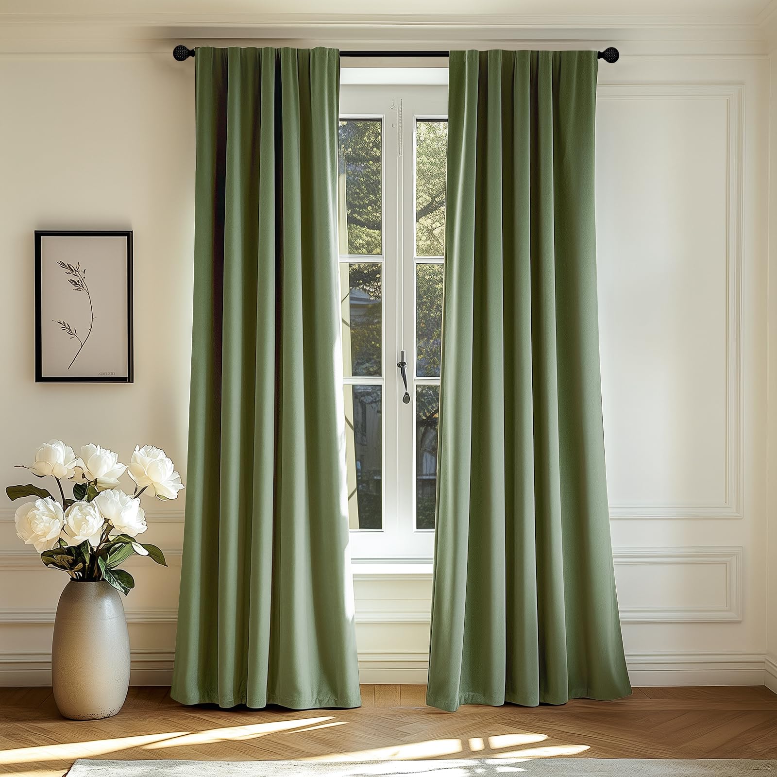 Lazzzy Velvet Green Blackout Curtains 63 Inches Long Thermal Insulated Drapes For Bedroom Living Room Darkening Window Treatments Rod Pocket 2 Panels Sage Green