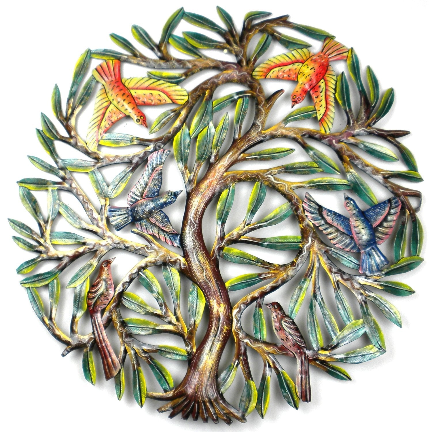 Global Crafts 24 Recycled Hand-Painted Haitian Metal Wall Art Tree of Life, Tree of Life with 6 Birds