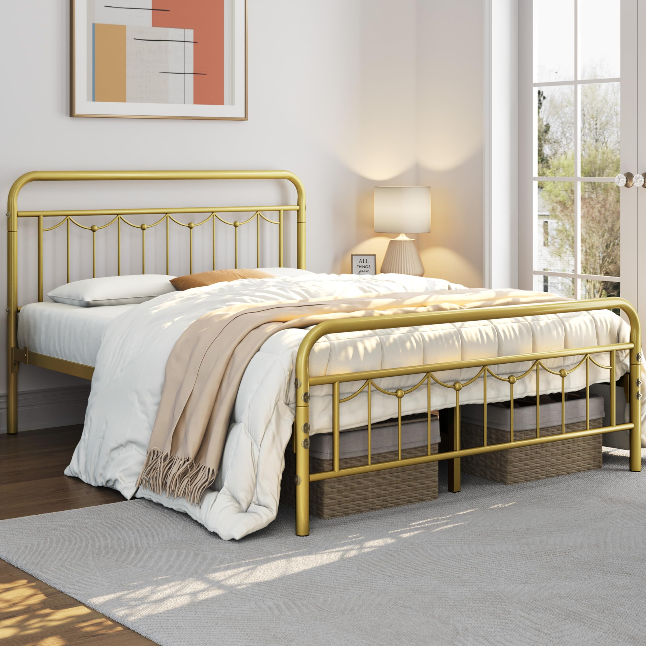 Yaheetech Queen Size Metal Bed Frames With Vintage Headboard And Footboard, Farmhouse Metal Platform Bed, Heavy Duty Steel Slat Support, Ample Under-Bed Storage, No Box Spring Needed, Antique Gold