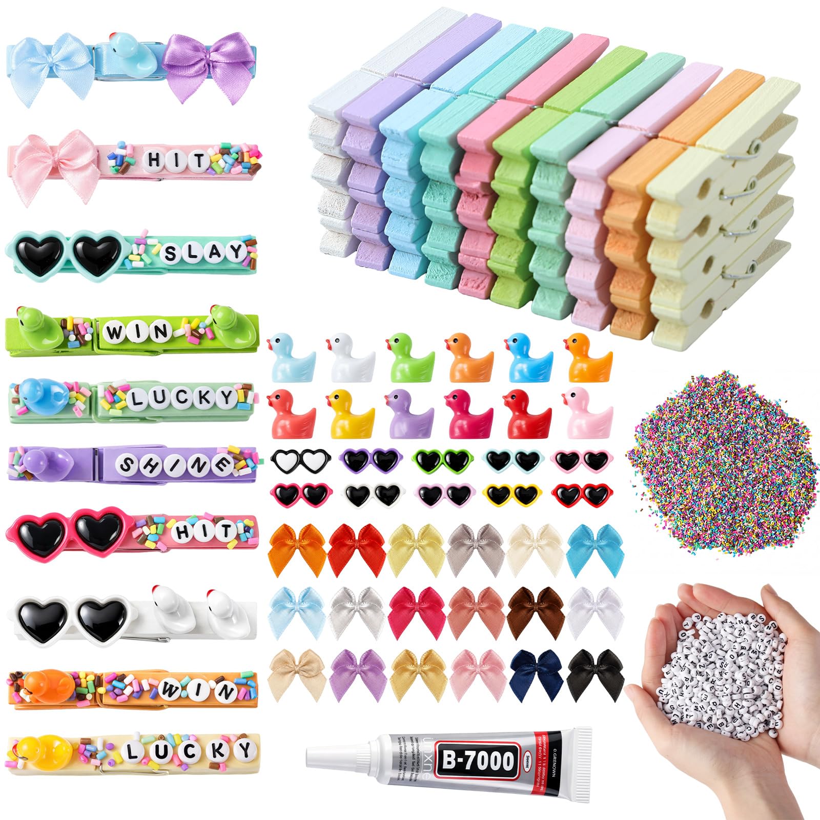 Geelin Cheer Pins Kit with 80 Pcs Spirit Clips, 800 Letter Beads, 30 Ducks, 30 Bows, 20 Sunglasses, Glue, Decoration for Cheerle