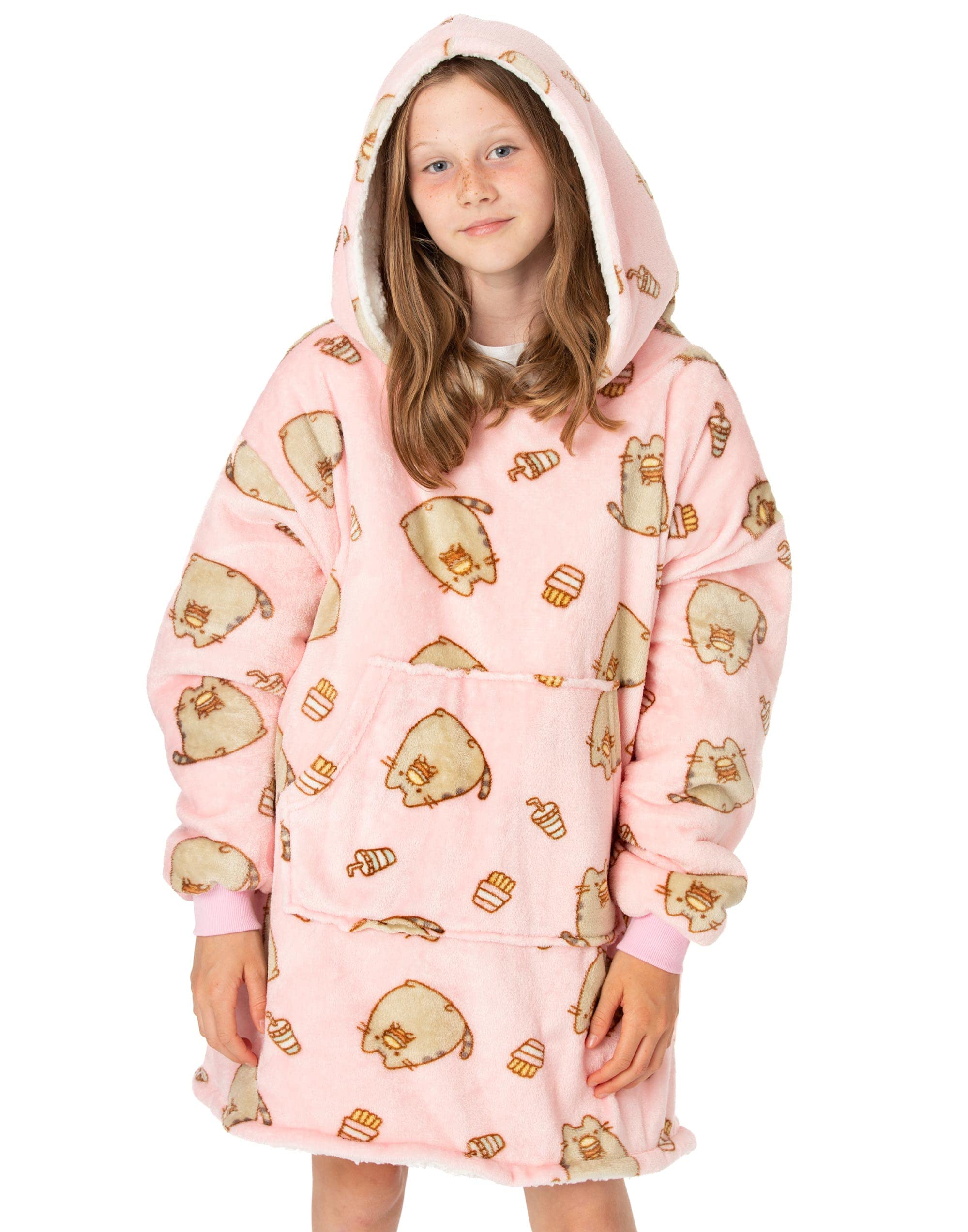 Pusheen Oversized Blanket Hoodie Kids | Girls Tabby Cat Snacks Fluffy Sherpa Fleece Pullover Vuddie | One Size Sweatshirt With B