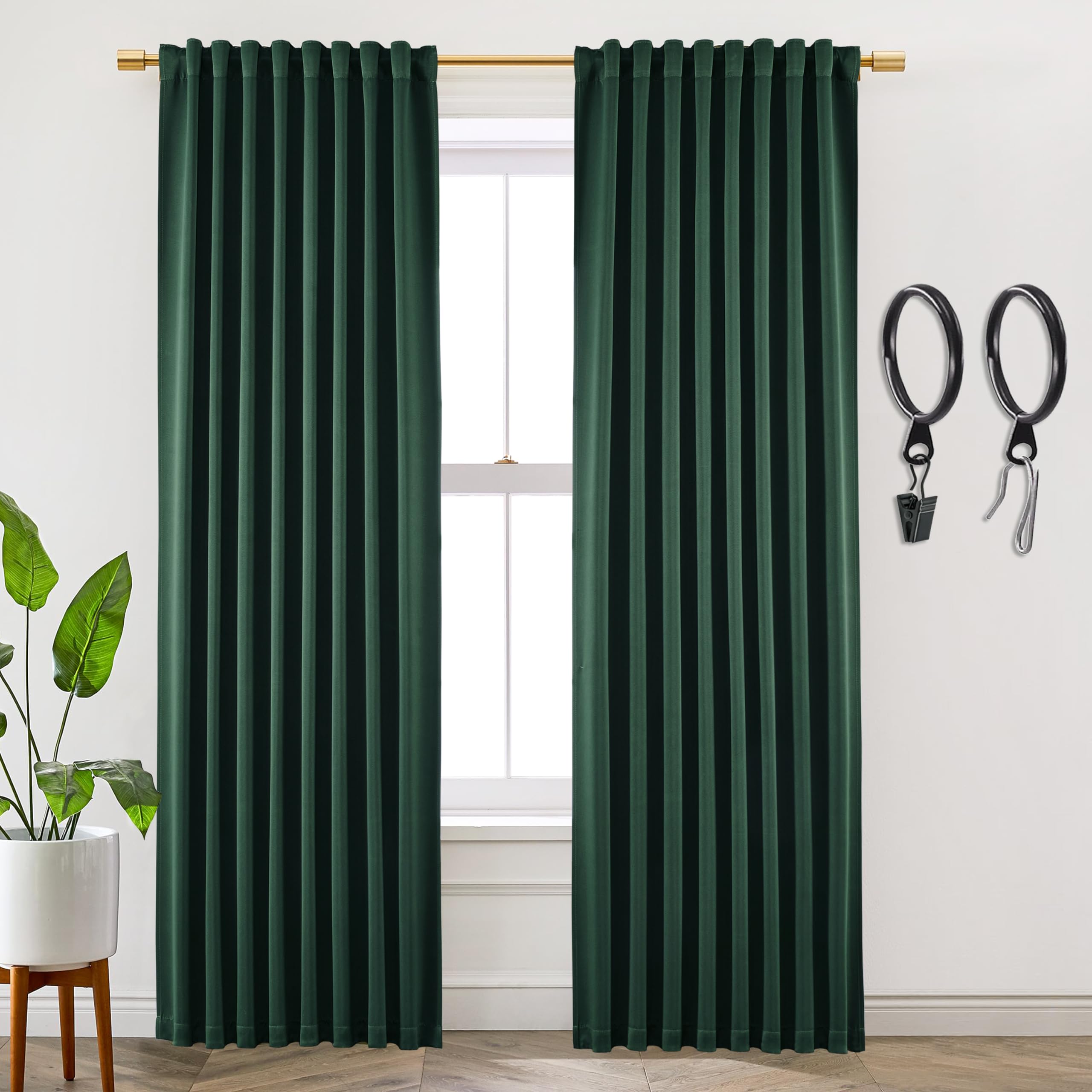 Shineland 108 Inch Curtains 2 Panel Set Blackout,Back Tab Pleated Thermal Insulated Darkening Black Out Dark Green High Ceiling
