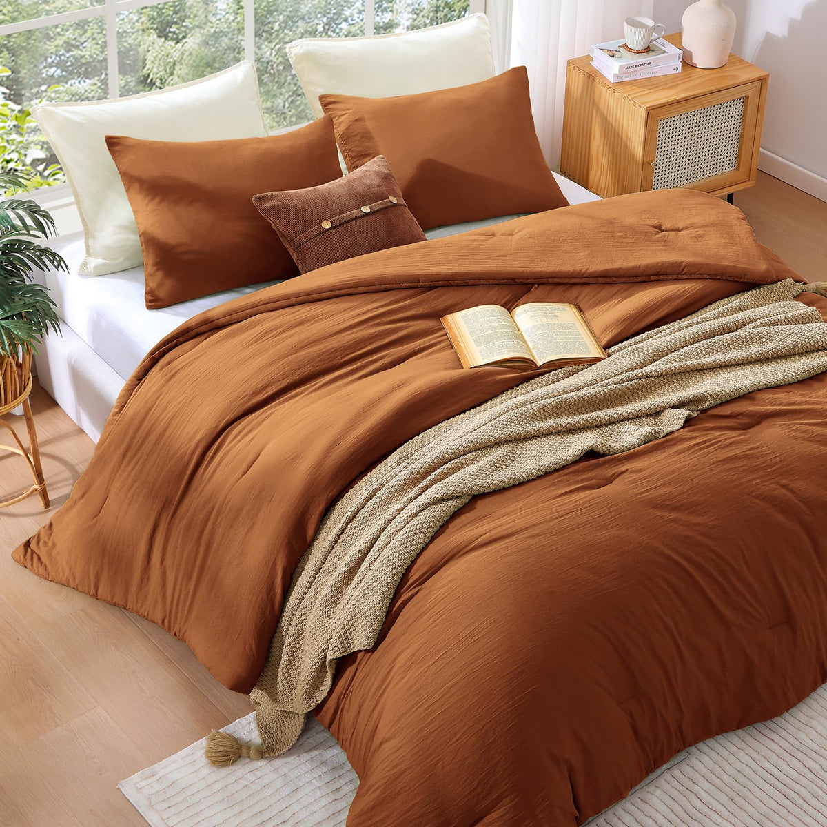 Wrensonge Burnt Orange Queen Size Comforter Sets, 3 Piece Soft Fluffy Queen Comforter Set (1 Queen Comforter With 2 Pillow Shams