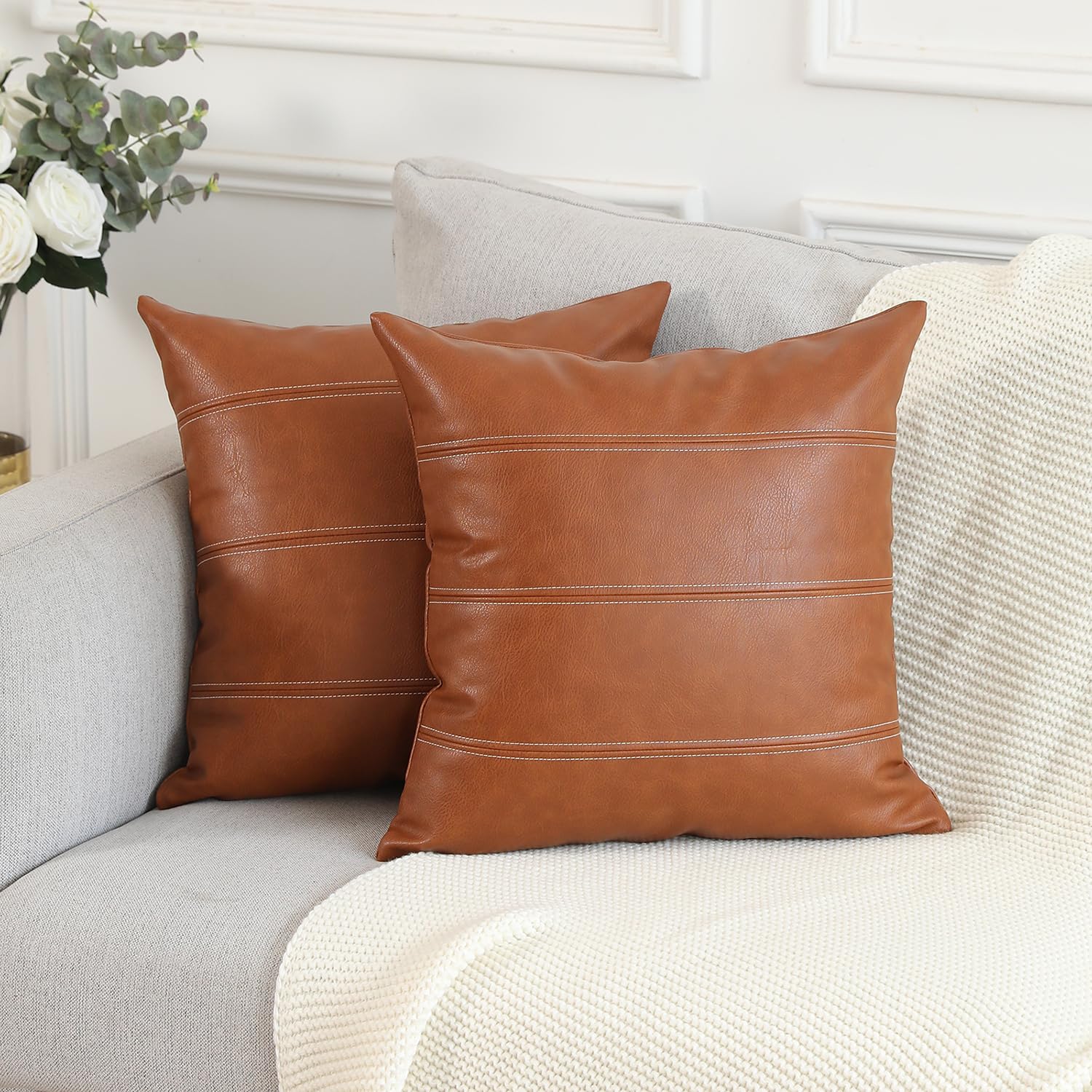 Mandioo Set Of 2 Boho Striped Faux Leather Throw Pillow Covers 20X20 Inch Modern Luxury Square Decorative Cushion Cases For Livi