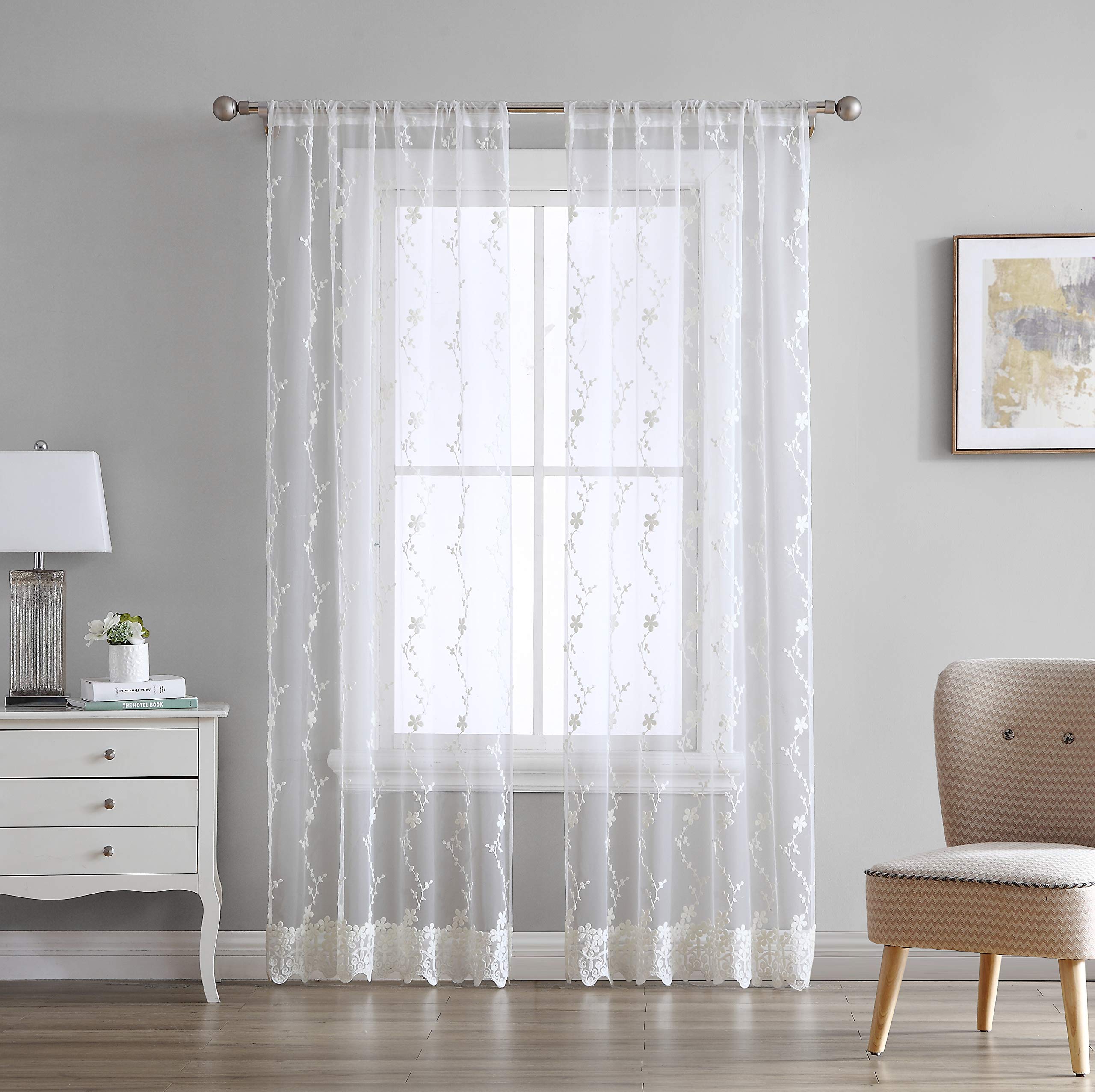 Laura Ashley Melody Vine Sheer Curtains with Rod Pocket, Each Panel Measures 54 W x 96 L, Ivory, 2 Panels