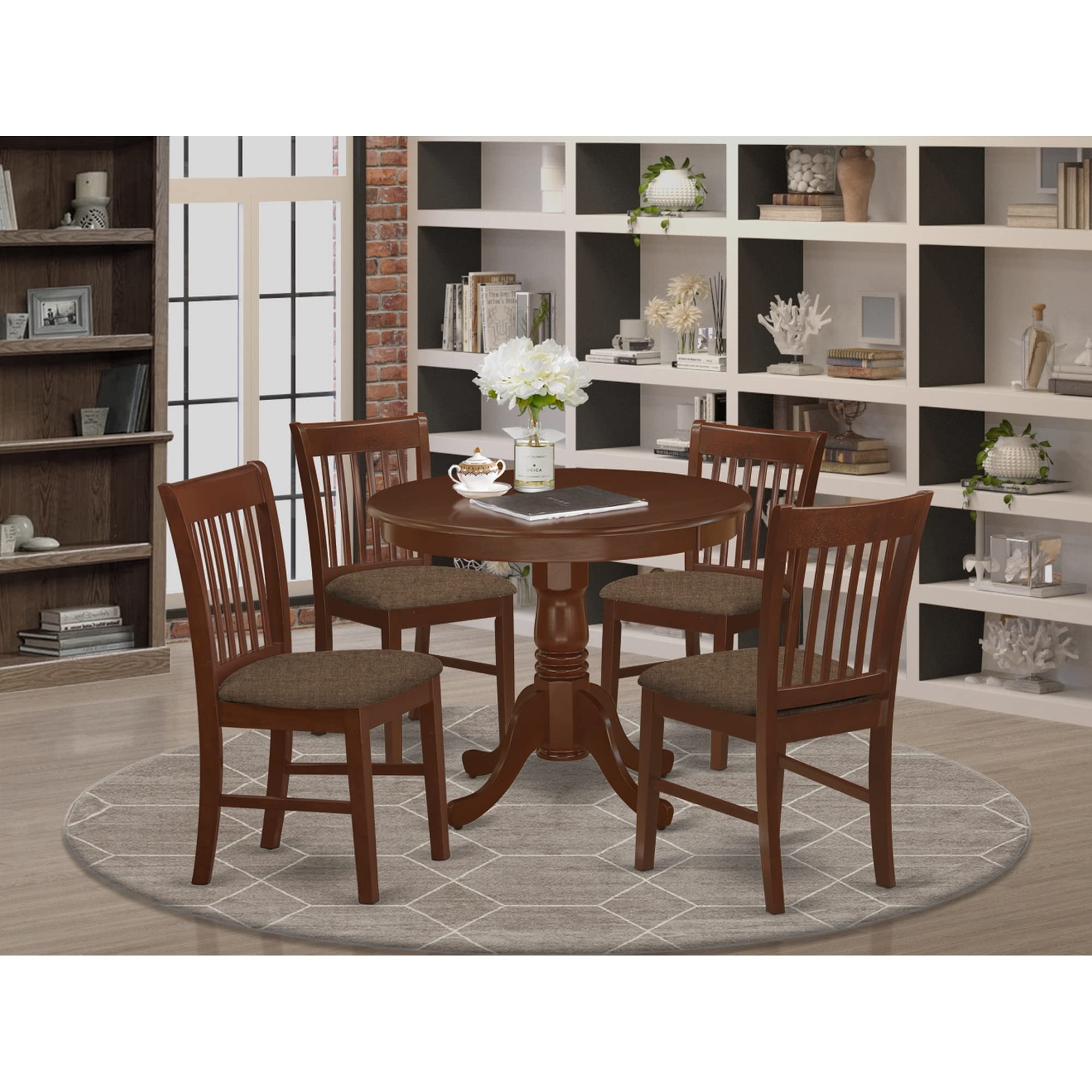 East West Furniture Anno5-Mah-C 5 Piece Kitchen Table Set For 4 Includes A Round Dining Room Table With Pedestal And 4 Linen Fabric Upholstered Dining Chairs, 36X36 Inch, Mahogany
