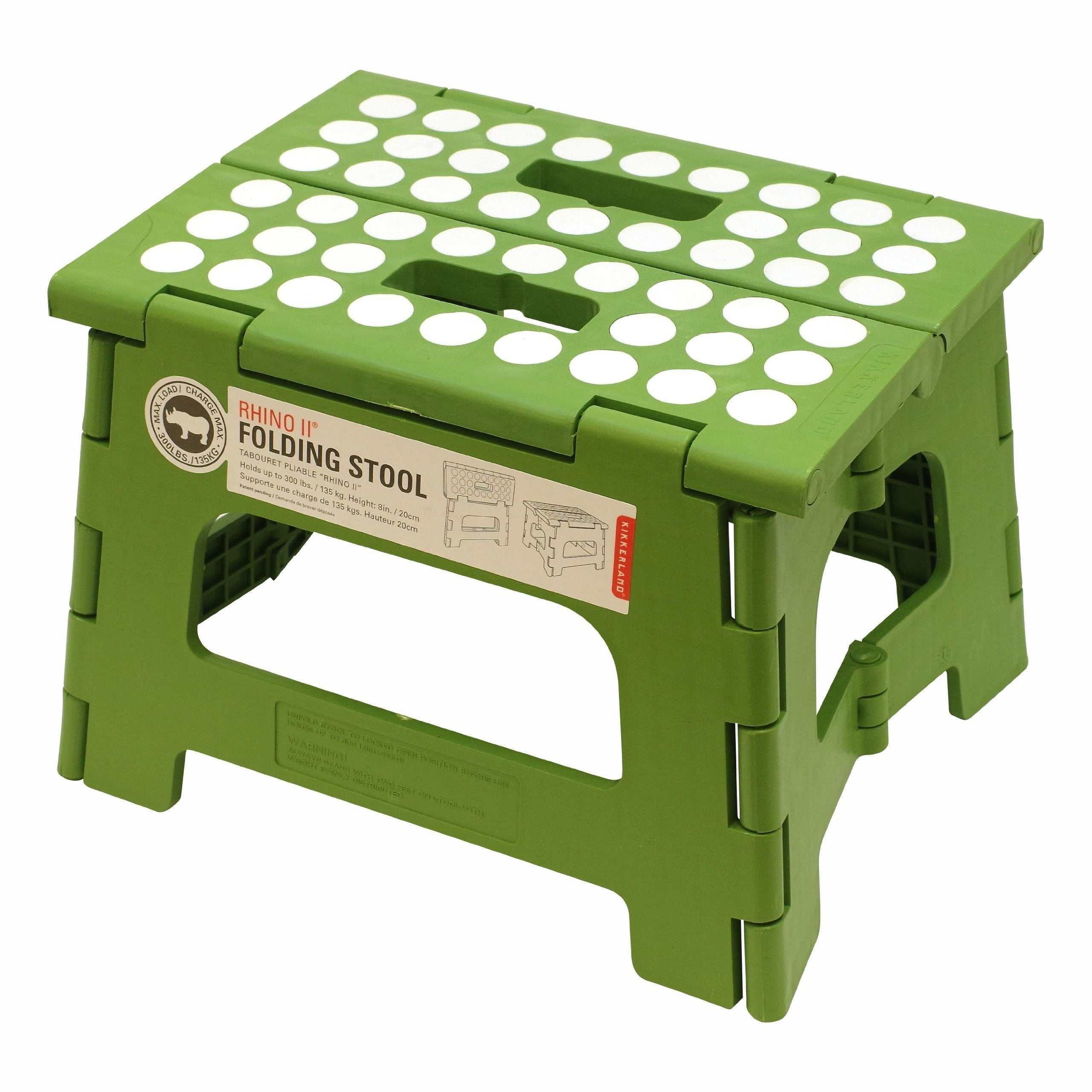Kikkerland Foldable Sturdy Non- Slip Compact Lightweight Plastic Rhino II Step Stool, Green, Holds up to 300 lbs, for Kitchen, B
