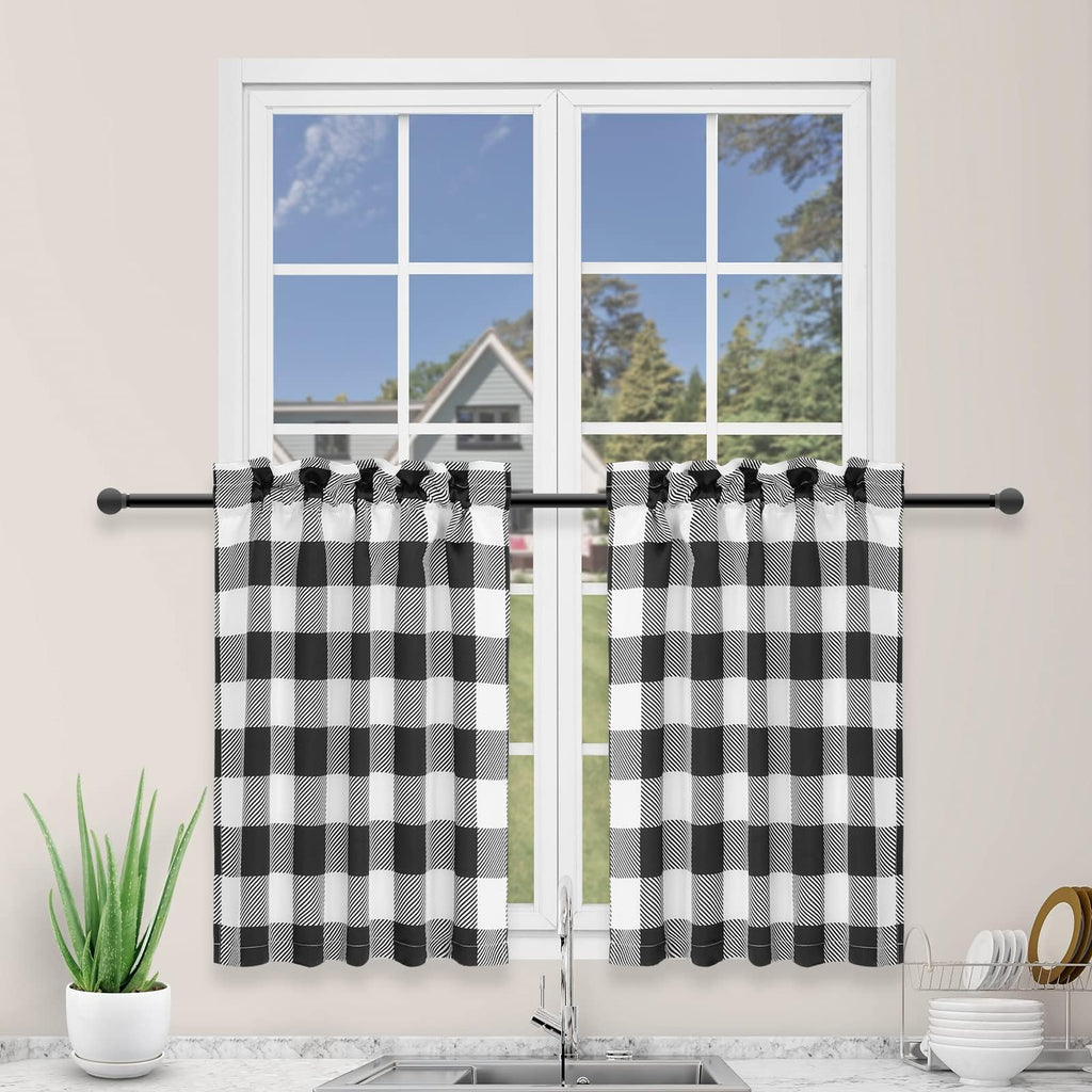 Simple Deluxe 2 Pcs Buffalo Check Kitchen Tier Curtains, Plaid Gingham Short Curtain For Half Cafe Windows, 26' W X 24' L, Bla