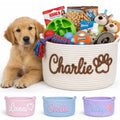 MBBEST Personalized Dog Toy Basket with Name, Cute Custom Dog Toy Storage Bin for Dogs & Cats, Handmade Cotton Rope Dog Toy Box 