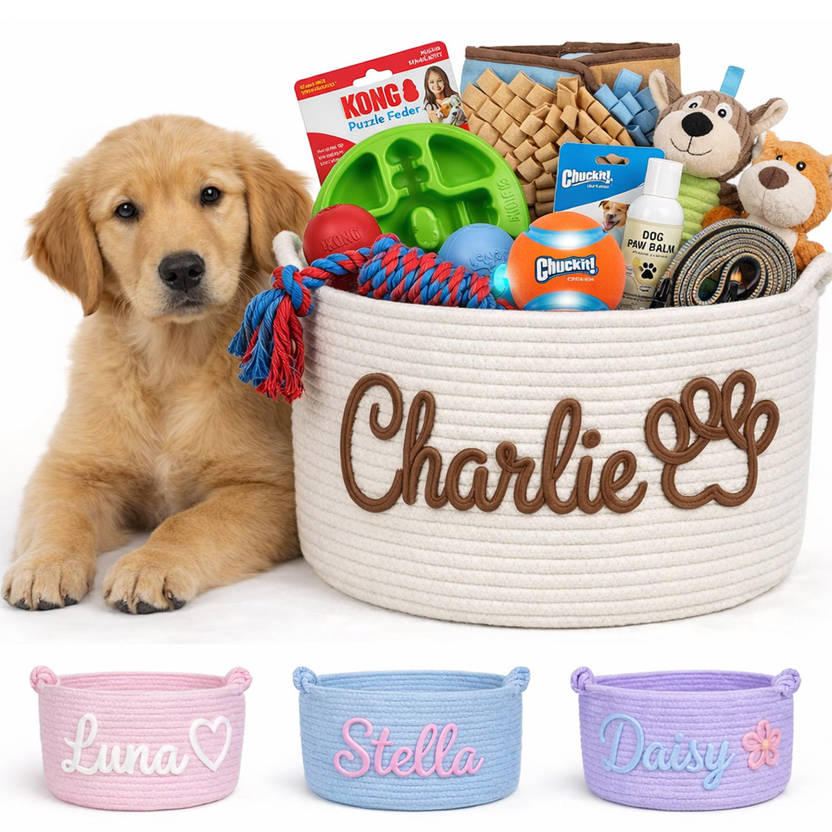 MBBEST Personalized Dog Toy Basket with Name, Cute Custom Dog Toy Storage Bin for Dogs & Cats, Handmade Cotton Rope Dog Toy Box 