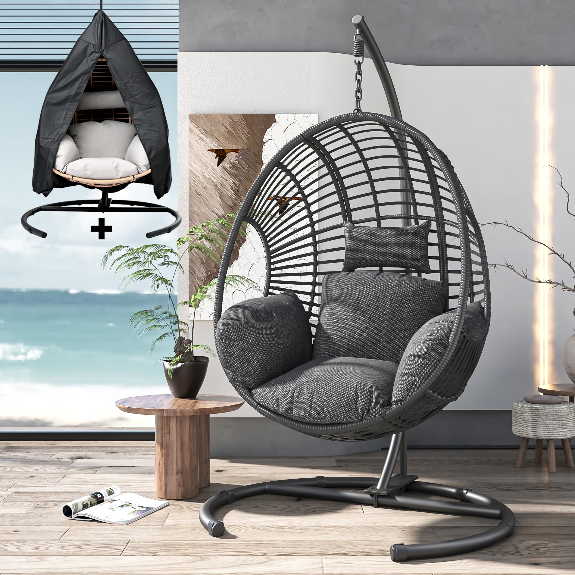 Chinnluu Oversized Hanging Egg Chair Outdoor Wicker Swing Chair With Stand Rain Cover Uv Resistant Cushion 400Lbs Capacity For P