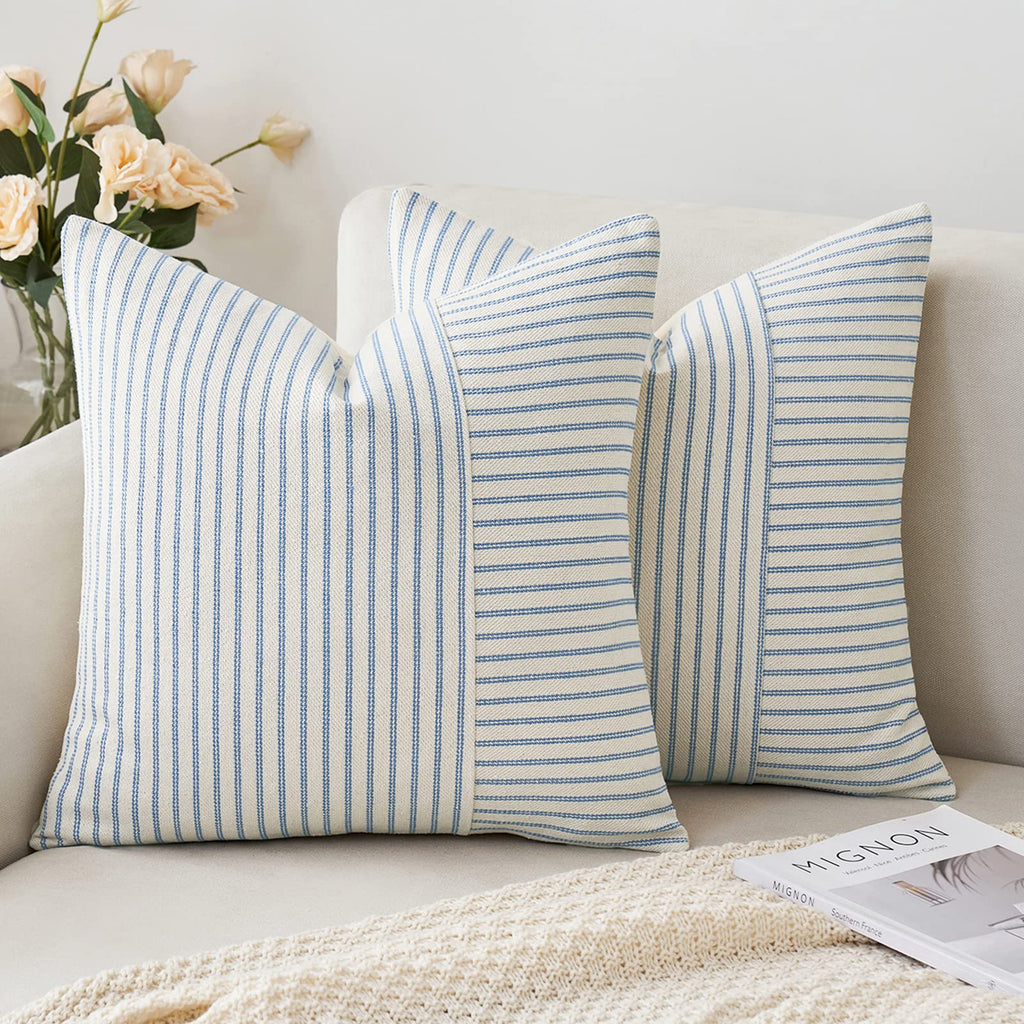 Miulee Light Blue And Beige Patchwork Farmhouse Pillow Covers 18X18 Inch, Pack Of 2 Striped Linen Spring Decorative Modern Accent Pillow Cases For Sofa Couch Bedroom