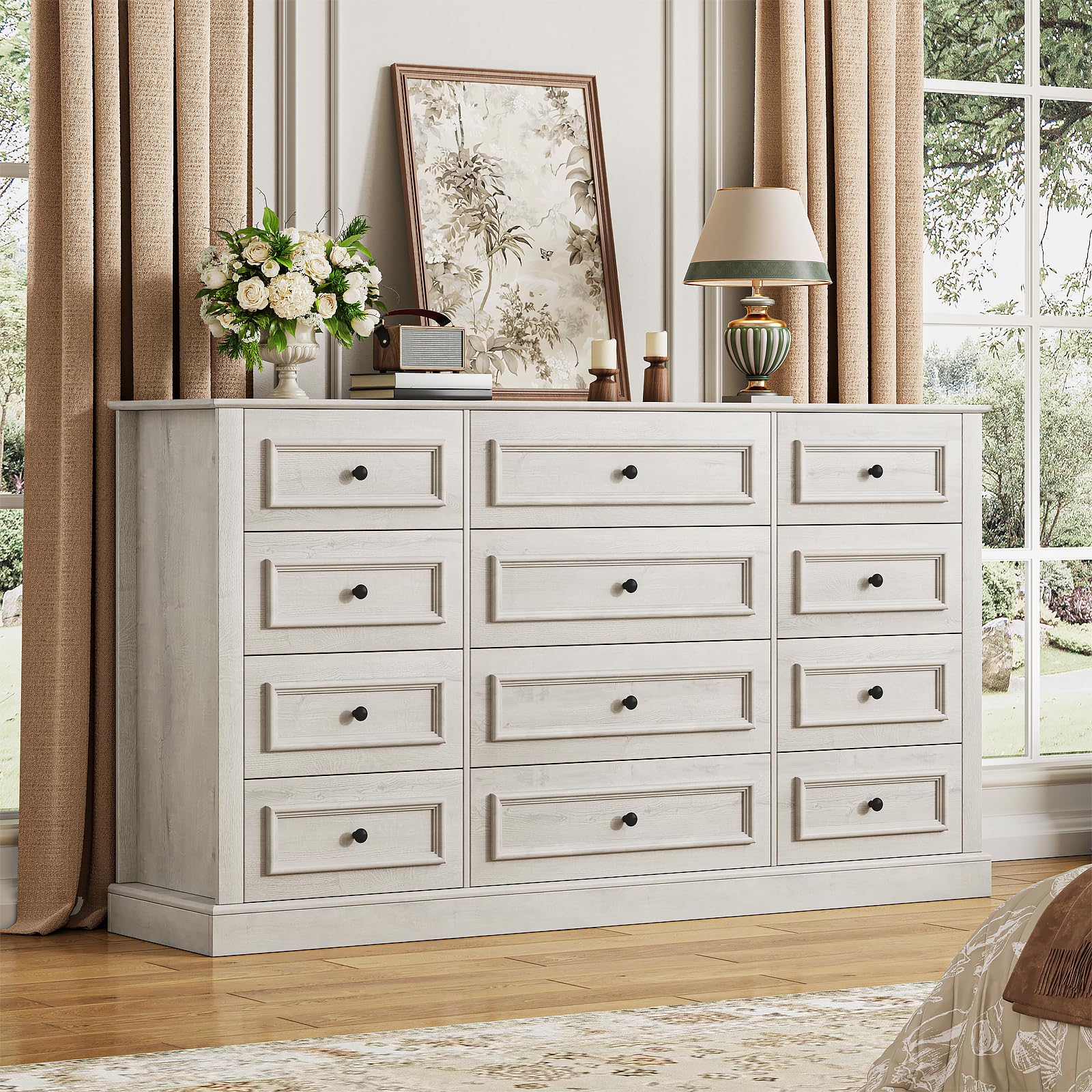 Zorplix Farmhouse 10 Drawer Wide Dresser For Bedroom, 55 ' Long Dresser Chest Of Drawers, Rustic Wood Storage Cabinet With Larg