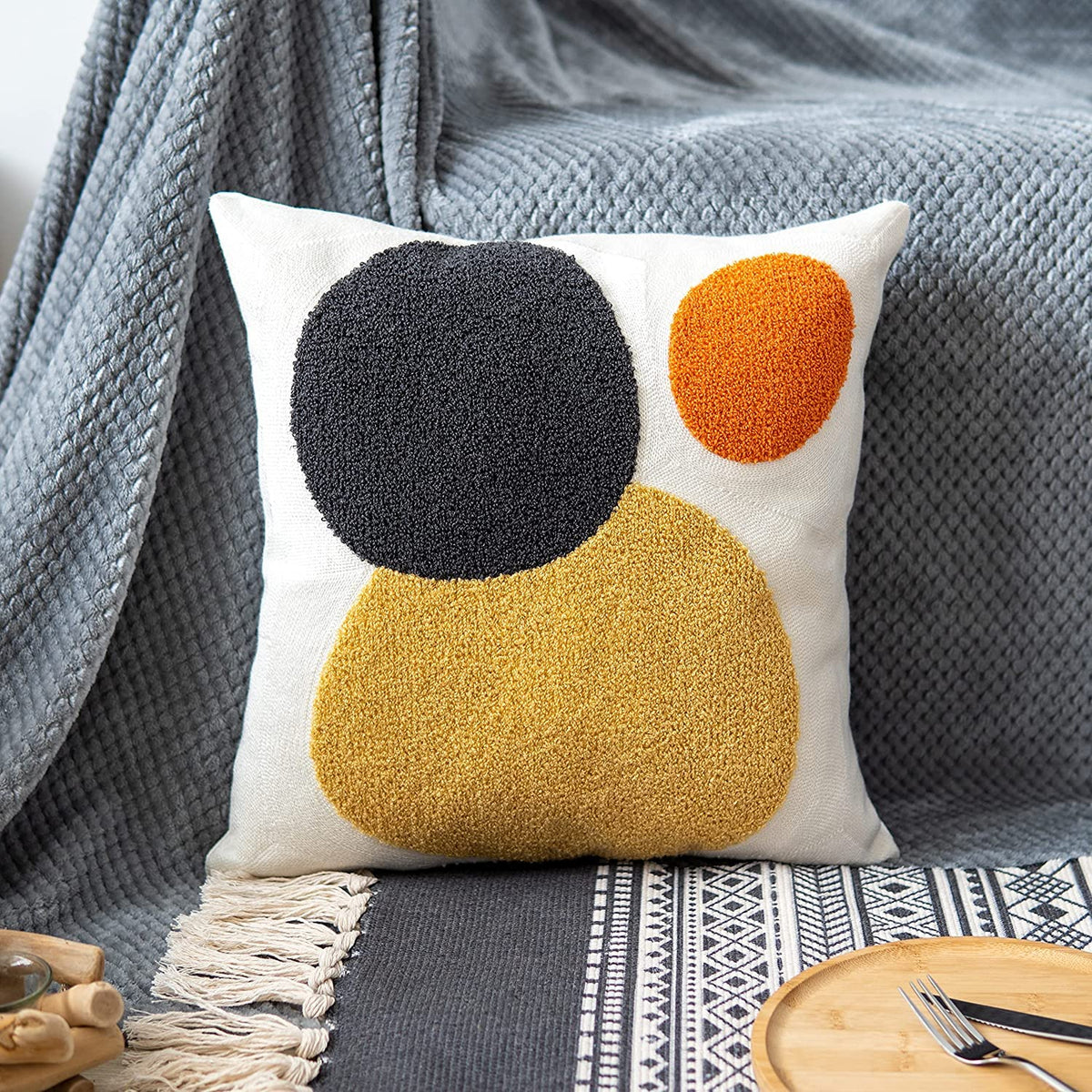 Cottonfry Decorative Embroidered Throw Pillow Covers For Couch Sofa Bedroom Kids (16X16, Circled)