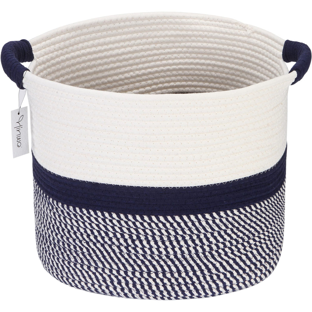 Hinwo Oval Cotton Rope Storage Basket Collapsible Nursery Storage Box Container Organizer With Handles, 16 X 13 Inches, Off White And Dark Blue