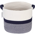 Hinwo Oval Cotton Rope Storage Basket Collapsible Nursery Storage Box Container Organizer With Handles, 16 X 13 Inches, Off White And Dark Blue