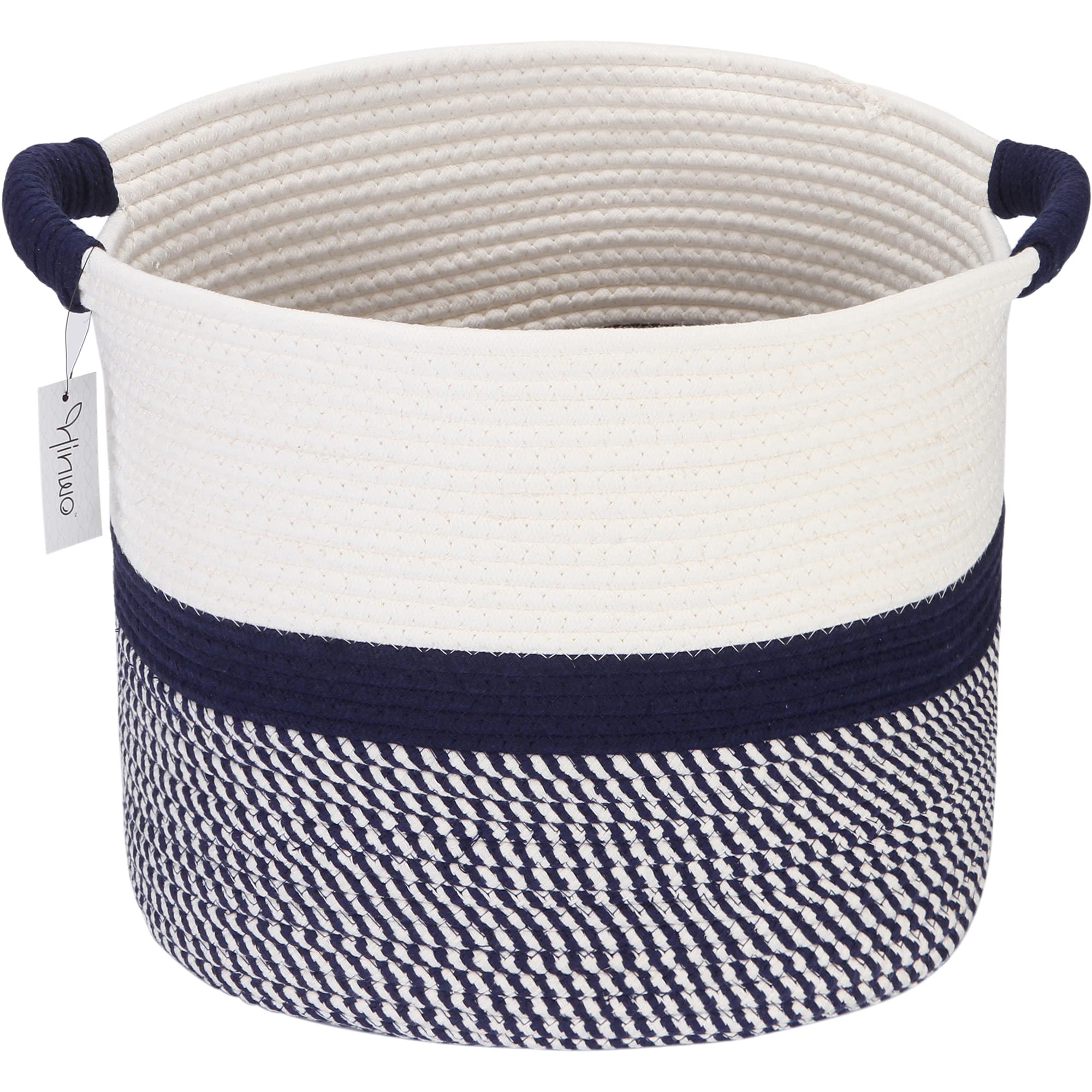 Hinwo Oval Cotton Rope Storage Basket Collapsible Nursery Storage Box Container Organizer With Handles, 16 X 13 Inches, Off White And Dark Blue