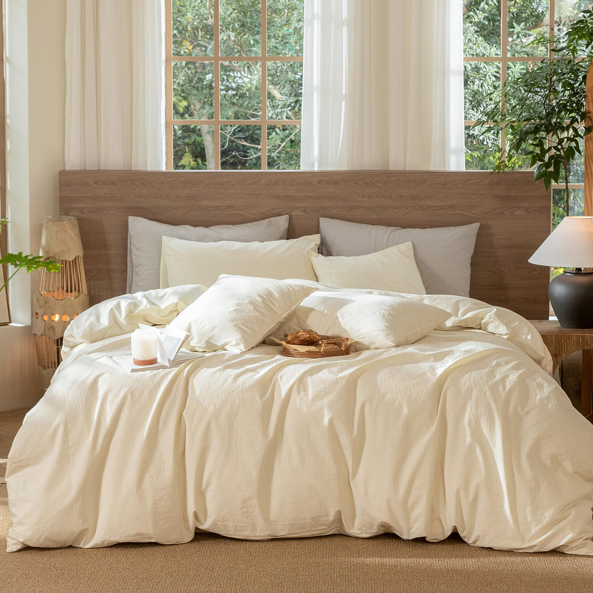 Moomee Wavy Striped Duvet Cover Set 100% Washed Cotton Linen Like Textured Breathable Durable Soft Comfy (Cream White, Queen)