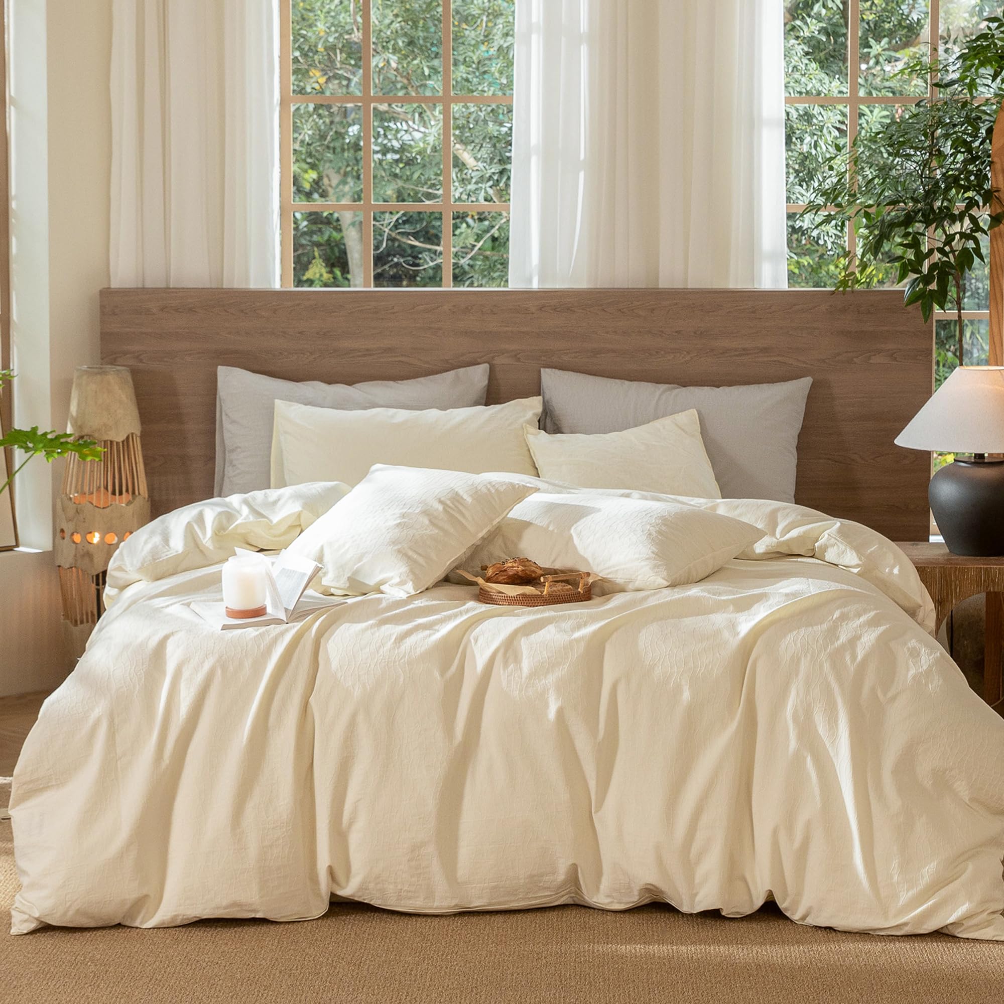 MooMee Wavy Striped Duvet Cover Set 100% Washed Cotton Linen Like Textured Breathable Durable Soft Comfy (Cream White, Palatial 