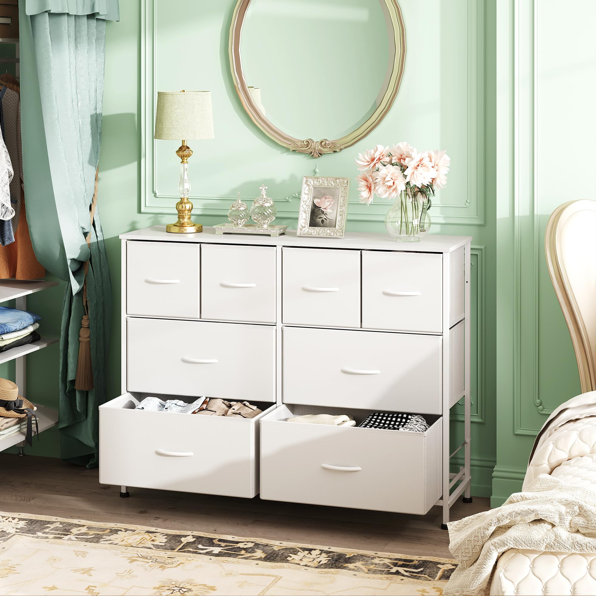 Wlive Dresser For Bedroom With 8 Drawers, Wide Fabric Dresser For Storage And Organization, Bedroom Dresser, Chest Of Drawers For Living Room, Closet, Hallway, White