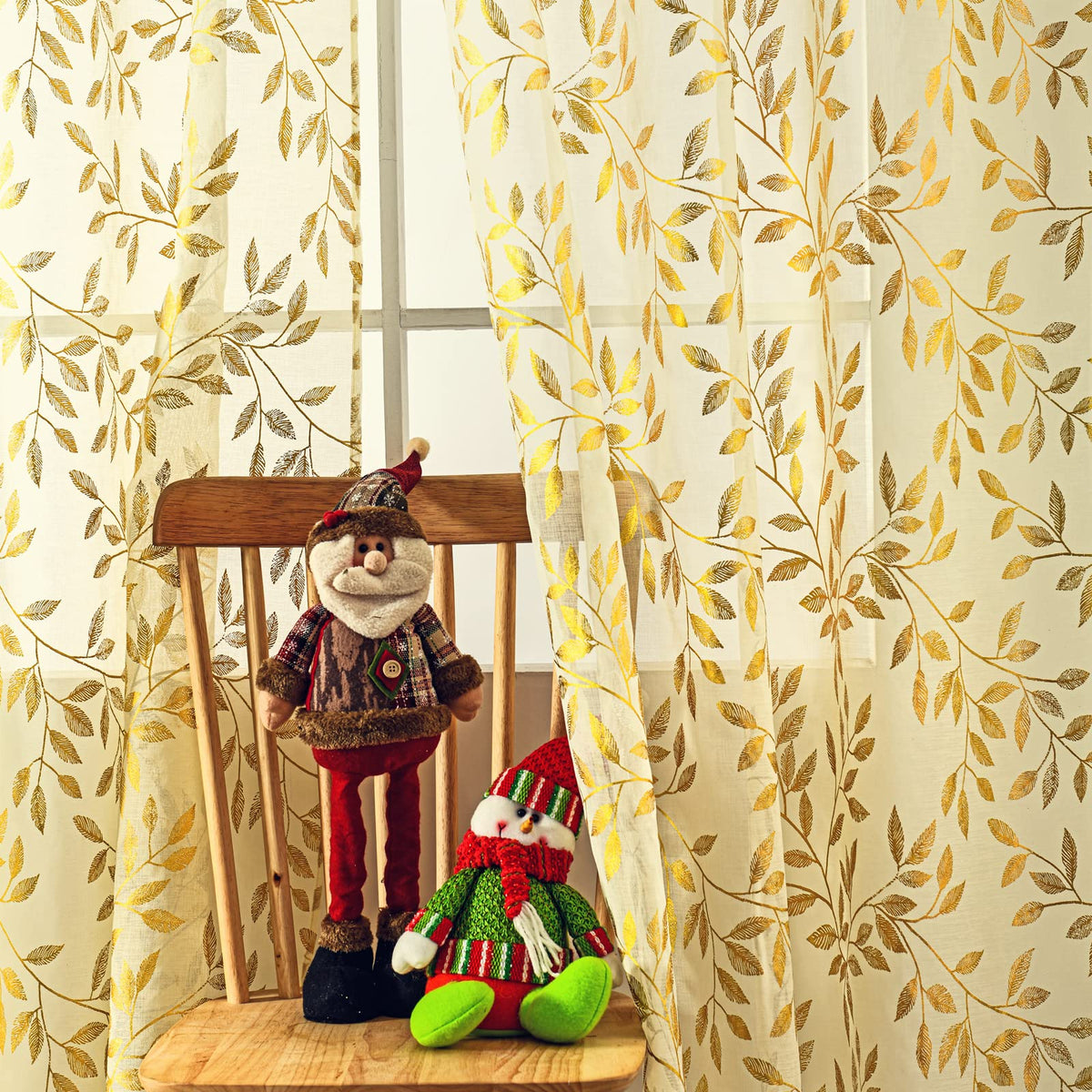 Deeprove Sheer Curtains 63 Inch Length 2 Panels Set, Gold Foil Metallic Vine Leaves Print Window Treatments For Bedroom Xmas Dec