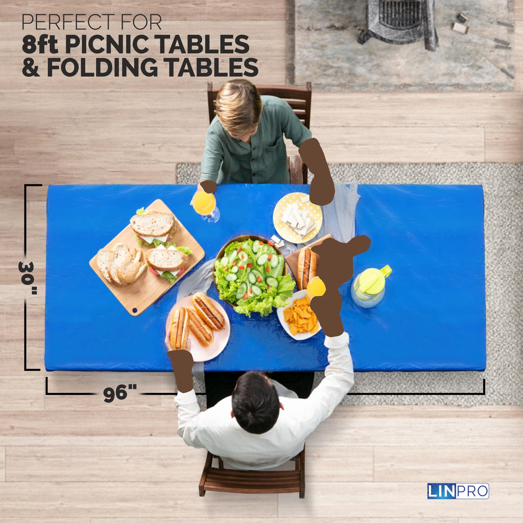Linpro 5Pk Plastic Table Cloths Disposable For Parties 8Ft Picnic Table Covers With Elastic Fitted Camping Tablecloth Elastic Table Cover Rectangle Blue Tablecloth Waterproof Outdoor & Folding Tables