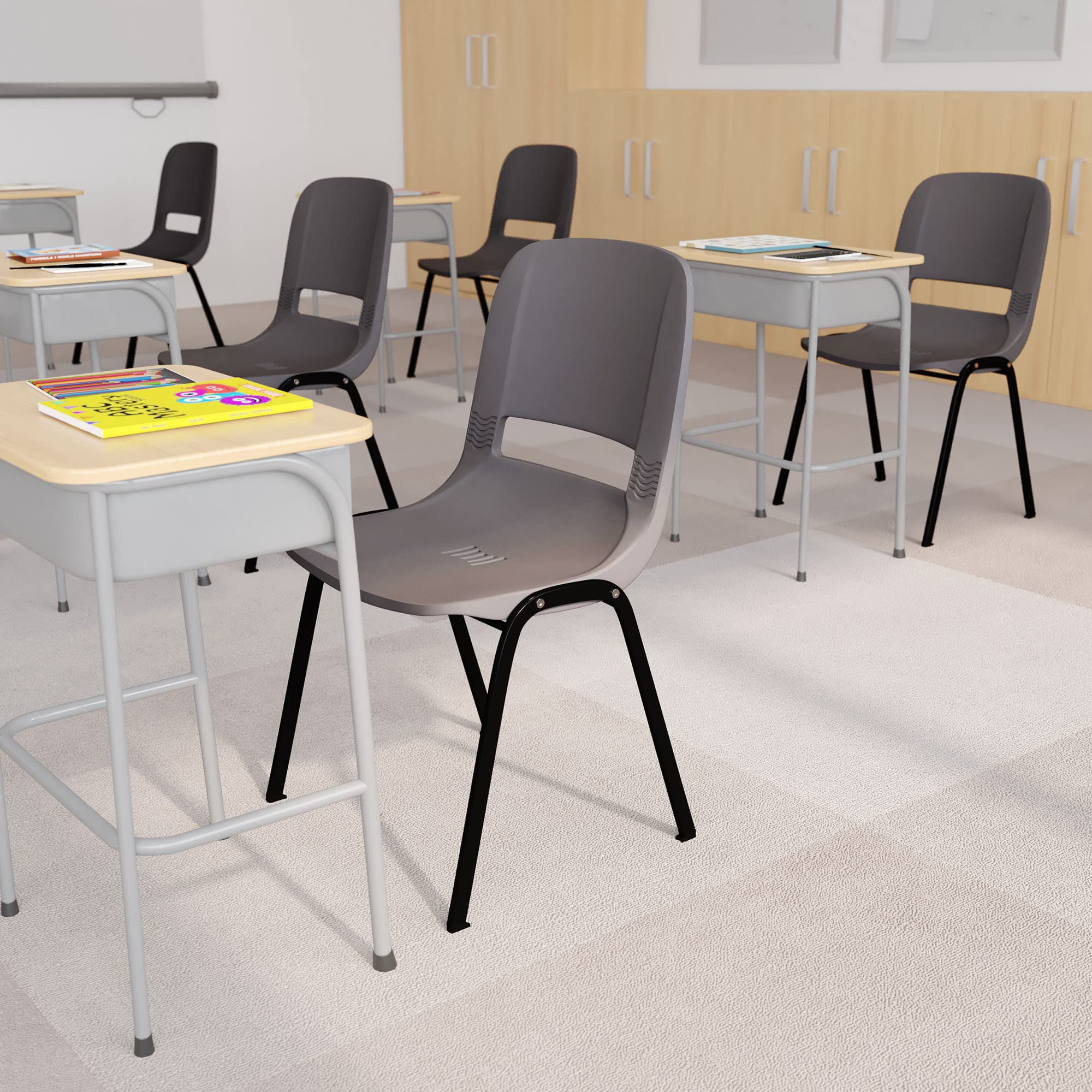 Flash Furniture Hercules Series 661 Lb. Capacity Gray Ergonomic Shell Stack Chair With Black Frame And 16'' Seat Height