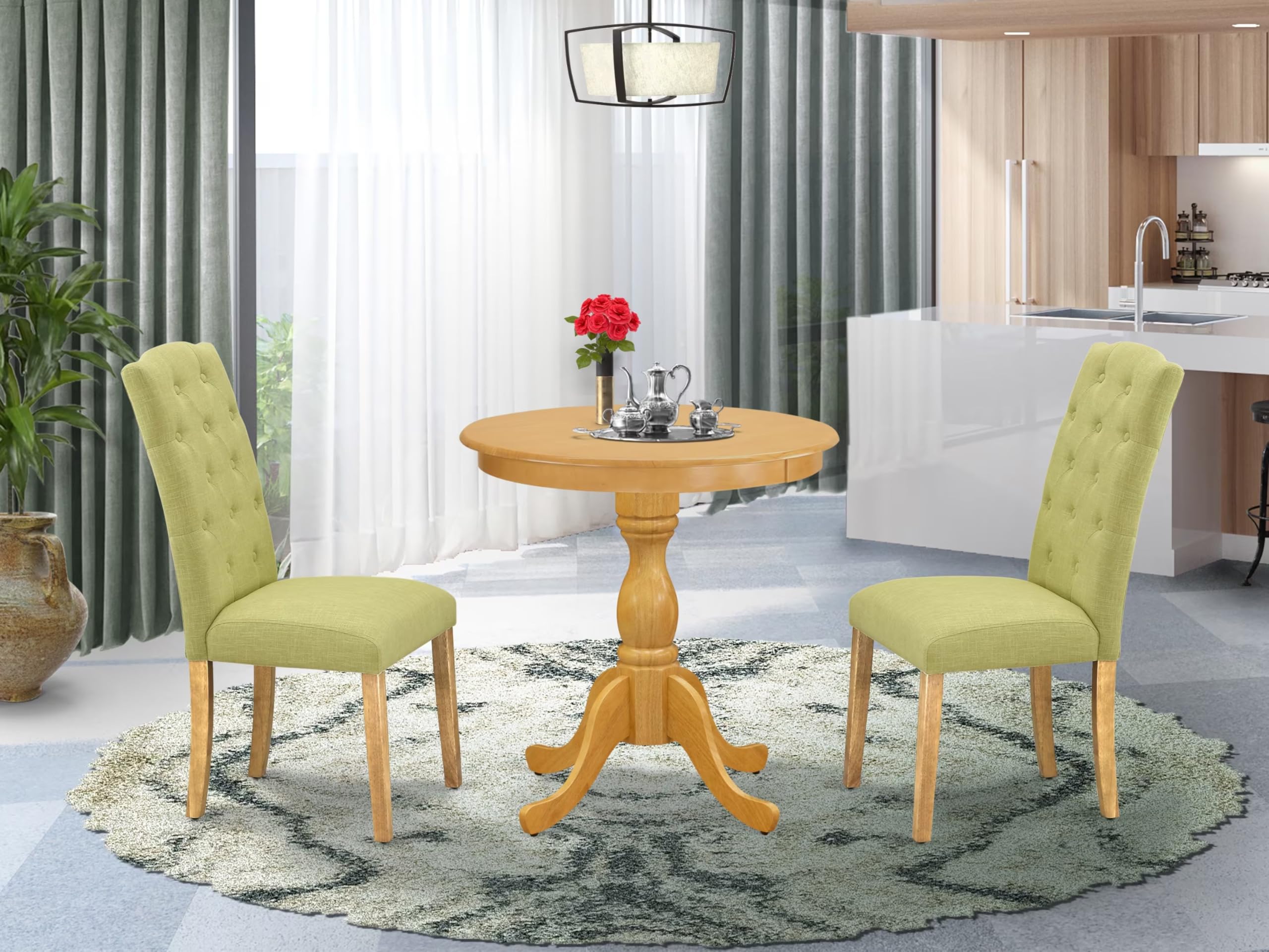 East West Furniture Esce3-Oak-07 3 Piece Dinette Set For Small Spaces Contains A Round Dining Table With Pedestal And 2 Limelight Linen Fabric Upholstered Chairs, 30X30 Inch, Oak