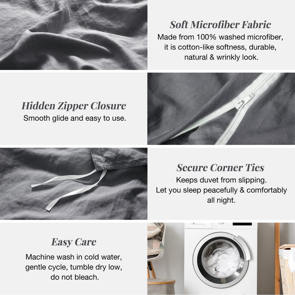 Mildly Super Soft Duvet Cover - 100% Washed Microfiber Dark Grey Comforter Cover Set 3 Pieces With Zipper Closure & Corner Ties