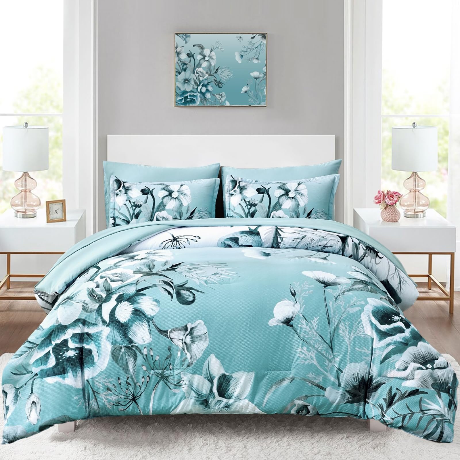 Luxudecor Floral Comforter Set King Size 7 Piece, Aqua Flower Bed In A Bag, Elegant Gradient Floral Comforter With Sheet Set, So