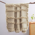 Ultra Soft Pre-Washed Quilted Boho Throw Blanket, Ruffle Fringed Beige Decorative Throw, Stone Washed Chic Rustic Blanket For So