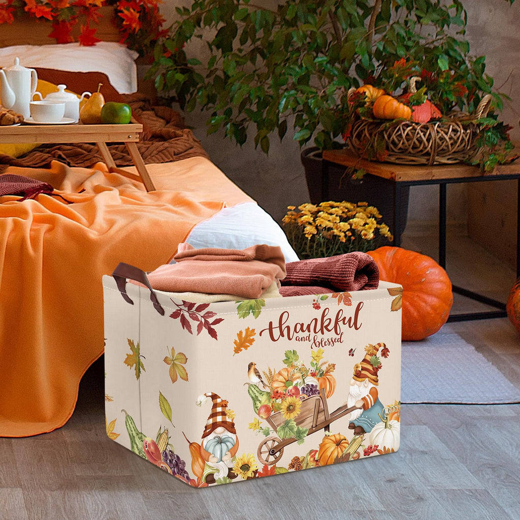 Clastyle Rectangular Gnome Cart Fall Basket Autumn Harvest Thanksgaving Gift Basket Orange Farm Turkeys Pumpkin Bin Clothes Toy