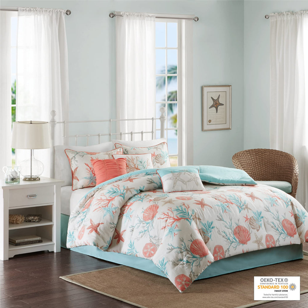 Madison Park 100% Cotton Comforter Set - Coastal Coral, Starfish Design All Season Down Alternative Cozy Bedding With Matching Shams, Decorative Pillow, California King(104'X92'), Teal 7 Piece