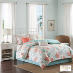 Madison Park 100% Cotton Comforter Set - Coastal Coral, Starfish Design All Season Down Alternative Cozy Bedding With Matching Shams, Decorative Pillow, California King(104'X92'), Teal 7 Piece