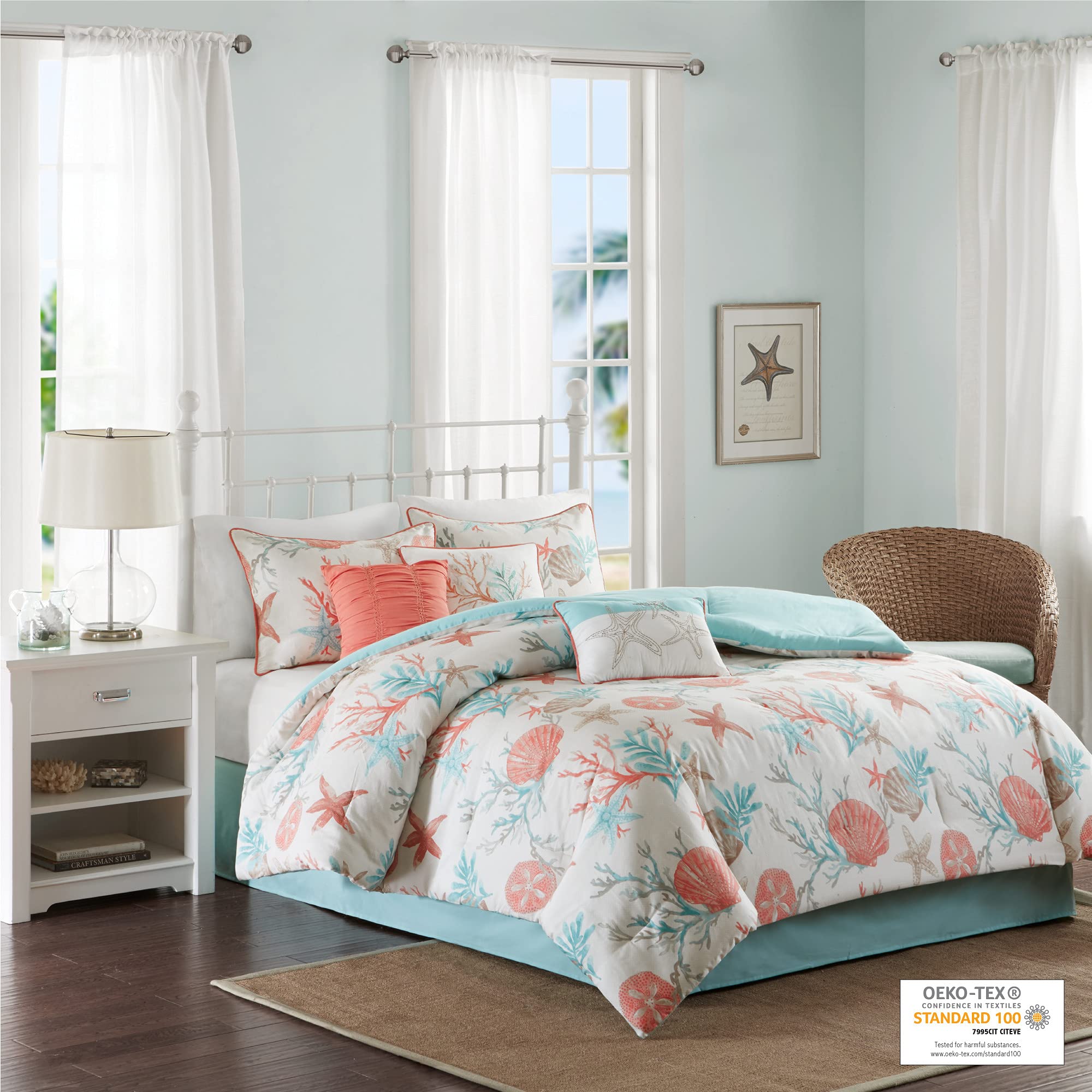 Madison Park 100% Cotton Comforter Set - Coastal Coral, Starfish Design All Season Down Alternative Cozy Bedding With Matching Shams, Decorative Pillow, California King(104'X92'), Teal 7 Piece