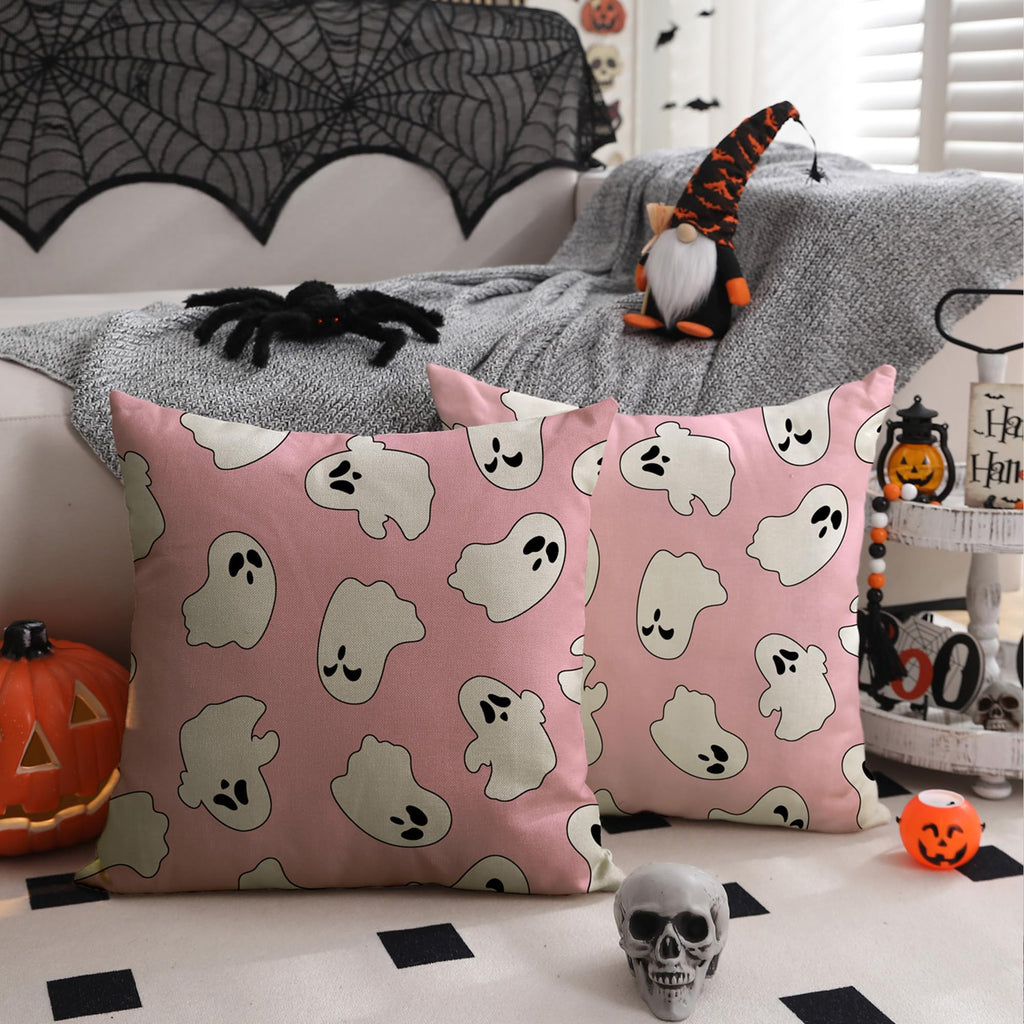 Dfxsz Halloween Pillow Covers 18X18 Inch Set Of 2 Happy Halloween White Ghost Decor Pink Pillow Covers Happy Halloween Sofa Bed
