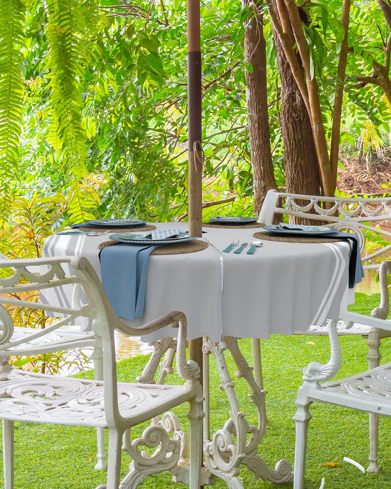 Queenker Outdoor Tablecloth With Umbrella Hole, Farmhouse Gray White Stripe Round Tables Waterproof Tabletop Collection For Pati