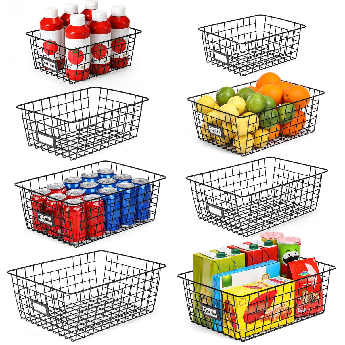 8 Set, Extra Large Wire Baskets For Organizing With Lables, Cabinet Pantry Organization And Storage Bins - Metal Basket For Kitc