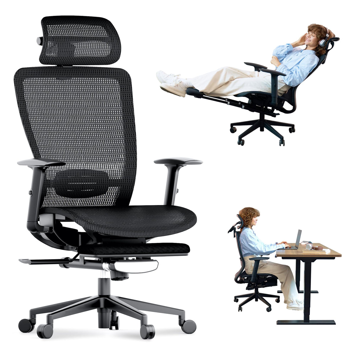 Flexispot Ergonomic Office Chair, Mesh Swivel Computer Chair, Home Office Desk Chairs, With 4D Headrest/Lumbar Support/23In Retr