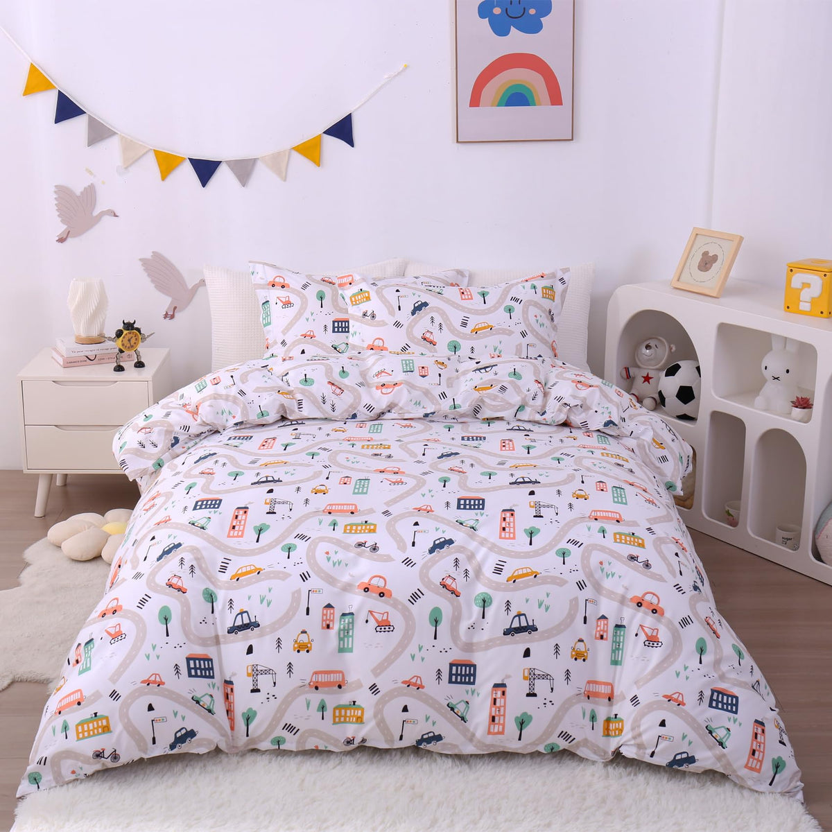 Jsd Cars Kids Duvet Cover Set Queen Size, 3 Piece Soft Printed Microfiber Comforter Cover With Pillow Sham Zipper Closure, Comfo
