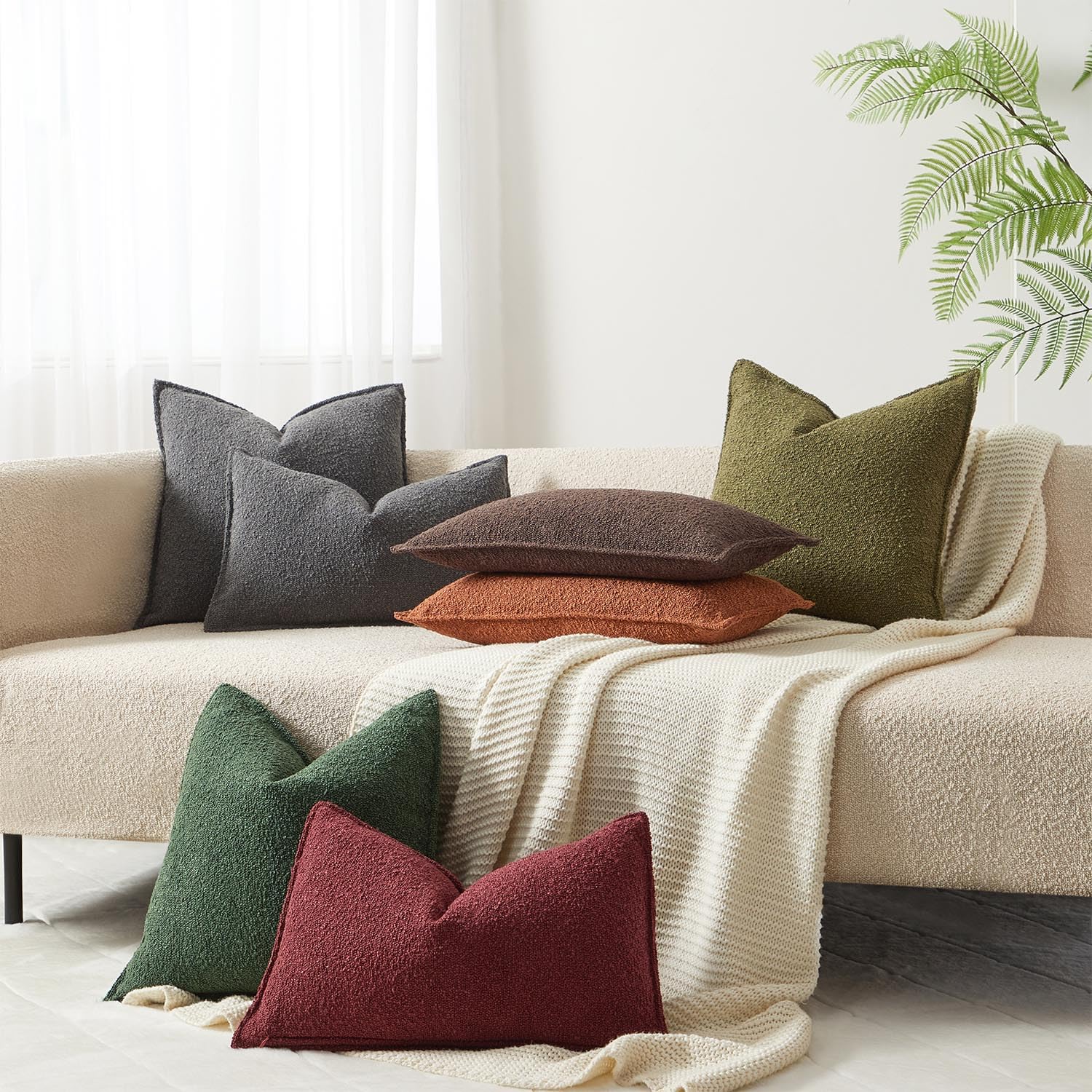 Juspurbet Olive Green Boucle Broadside Throw Pillow Covers 22X22 Inch Set Of 2 For Couch Bedroom Sofa Living Room Decorative Sof