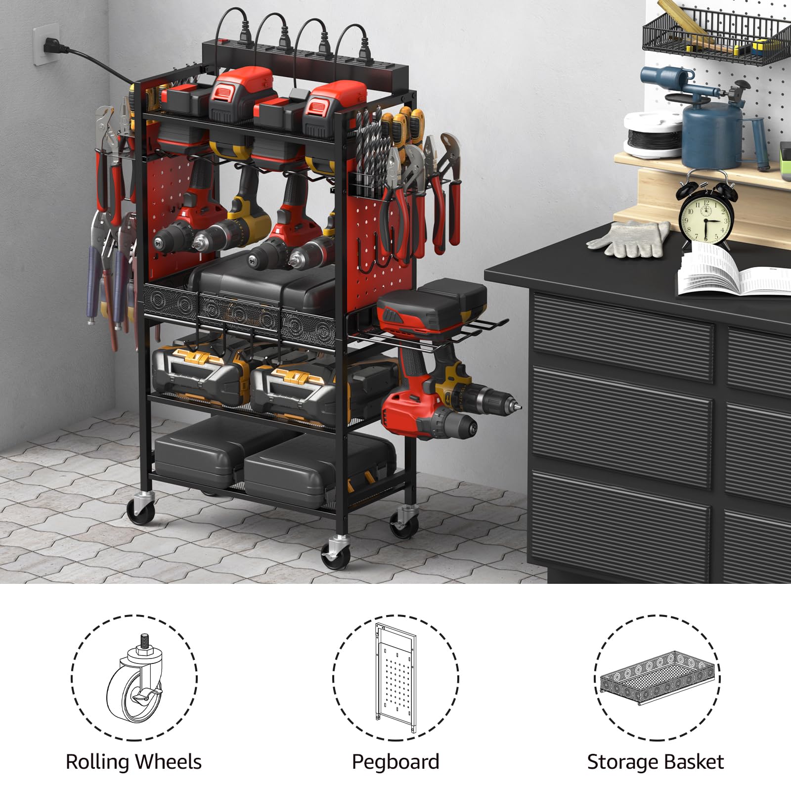 Cccei Power Tool Organizer Cart With Charging Station, Garage Floor Rolling Storage Cart On Wheels For Mechanic, Mobile 6 Drill, Tool Box Utility Cart With Battery Charging Power Strip, Red.